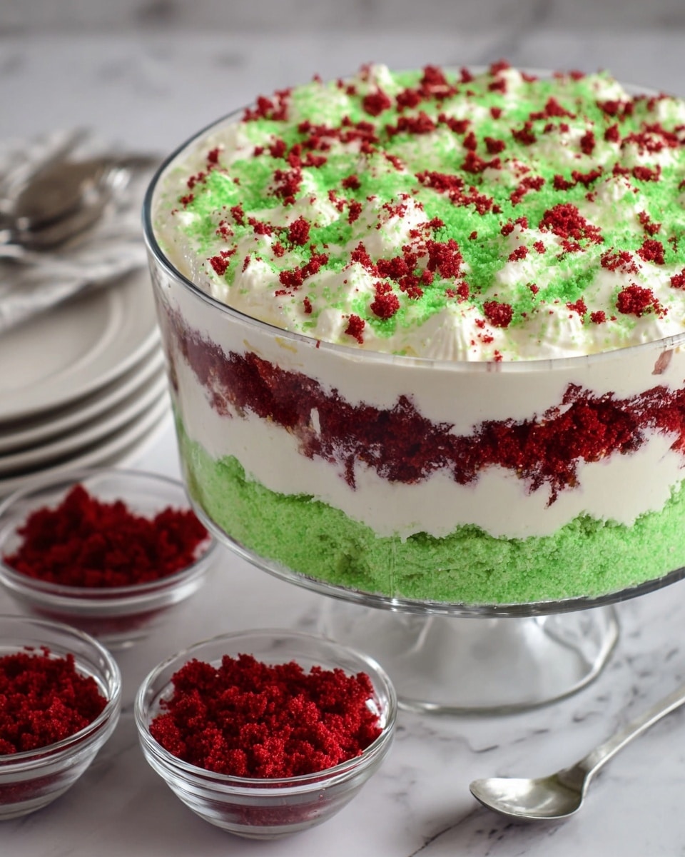 A tall clear glass bowl holds a layered dessert with six layers alternating between bright red cake crumbs, light green cake crumbs, and thick white creamy layers in between; the top layer is a mix of scattered red and green crumbs creating a textured surface. Next to the bowl, there is a small clear bowl filled with bright red cake crumbs. The whole scene is set on a white marbled surface with a stack of white plates blurred in the background. photo taken with an iphone --ar 4:5 --v 7