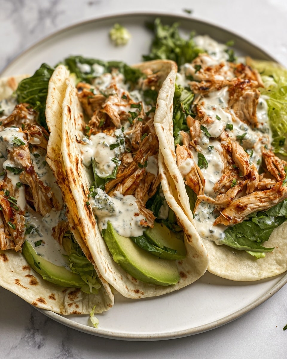 The image shows three grilled chicken tacos on a white plate, resting on a white marbled texture surface. Each taco has a soft, lightly charred tortilla base, topped with thin slices of green avocado at the bottom layer, followed by fresh green leafy lettuce. The third layer consists of shredded grilled chicken with a slightly browned and crispy texture. The tacos are finished with a drizzle of creamy white sauce mixed with finely chopped green herbs, spread evenly over the chicken and lettuce. In the background, there is part of a white bowl with a similar creamy sauce. Photo taken with an iphone --ar 4:5 --v 7