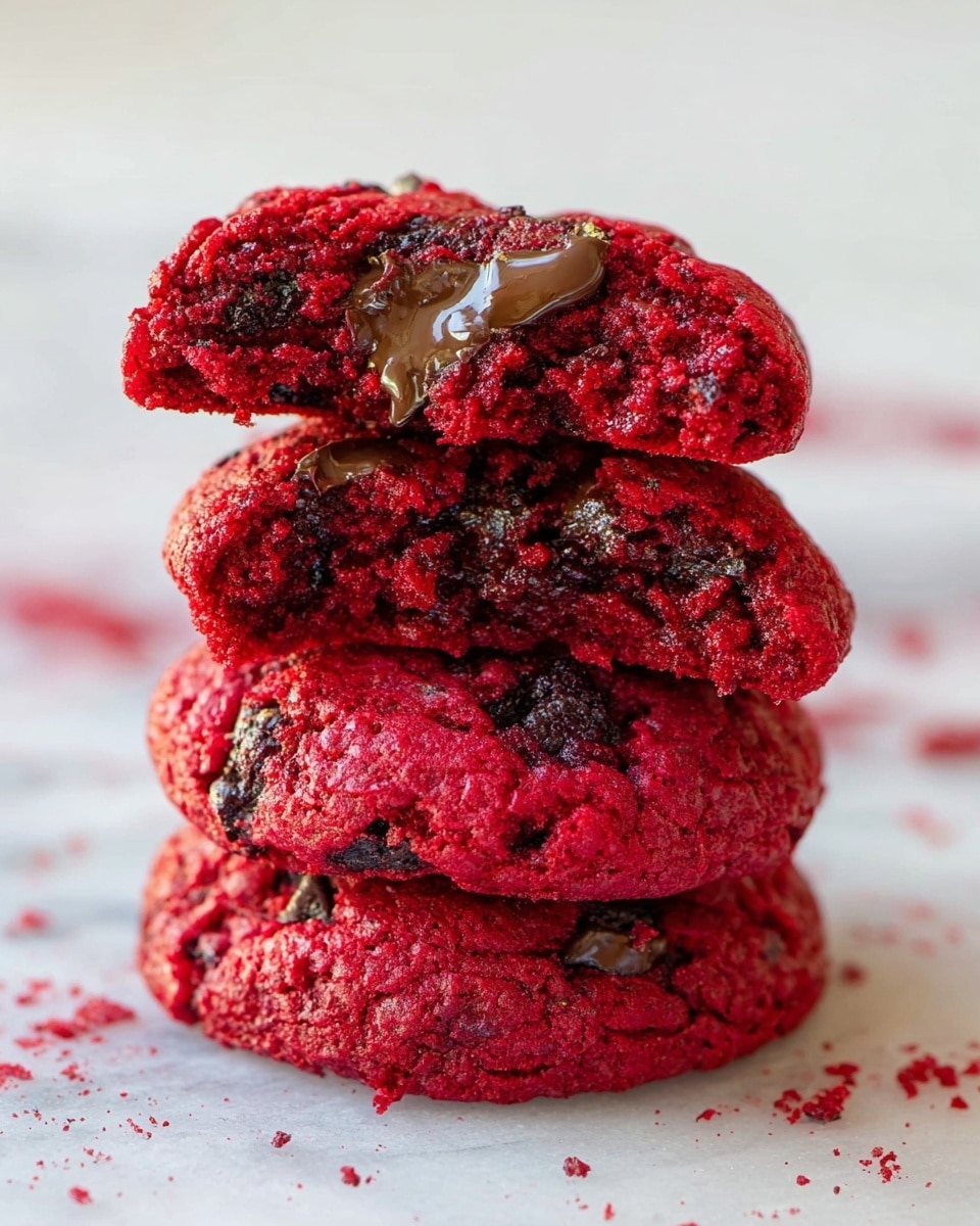 The image shows a stack of two thick, round red velvet cookies with a slightly uneven, soft texture and visible dark chocolate chips embedded throughout. These cookies have a deep red color with a slightly shiny surface, sitting on a white marbled texture. In the background, there are more blurred red velvet cookies scattered around. The focus is close-up on the stack, giving a clear view of the cookies’ rough texture and rich color. photo taken with an iphone --ar 4:5 --v 7