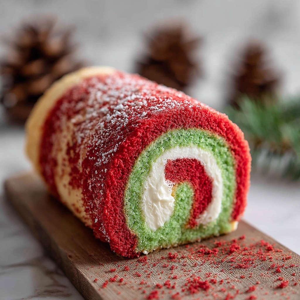 A colorful rolled cake is placed on a white rectangular plate over a white marbled surface. The cake has a patchwork pattern made of red and green sections that alternate irregularly across the whole visible outer layer. The cake texture looks soft but firm, with a smooth, slightly cracked surface. The overall shape is cylindrical and thick, with the pattern wrapping neatly around it. Photo taken with an iphone --ar 4:5 --v 7