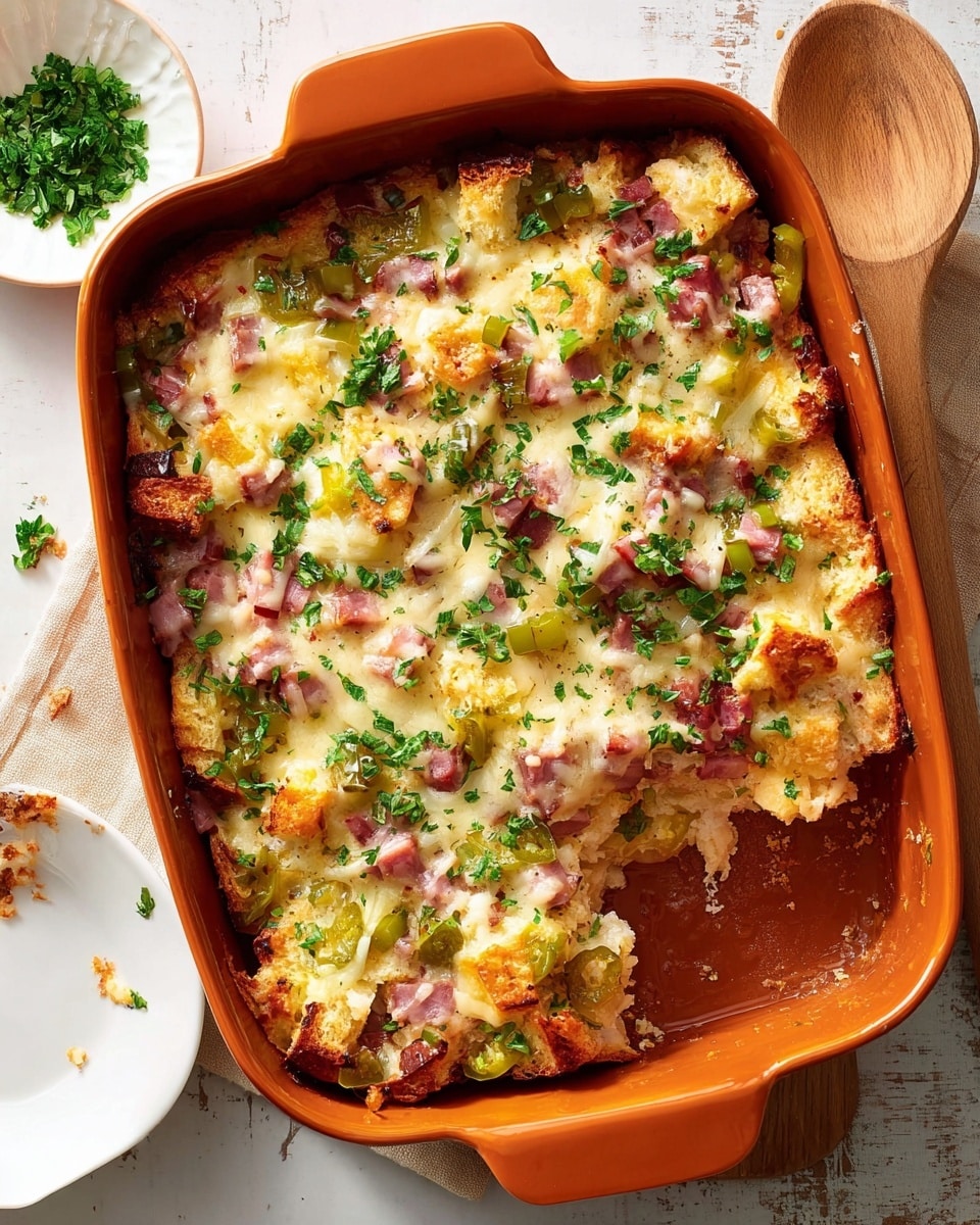 A baked casserole is shown in a rectangular white dish with two short handles, filled with roughly three layers; the bottom layer is a light tan bread or dough base with a coarse texture, the middle layer contains scattered pieces of reddish meat and small bits of green pepper, and the top layer is a melted creamy yellow cheese with golden brown spots and fresh chopped green herbs sprinkled all over. The dish is partially eaten from one corner, revealing the layers inside. It sits on a white marbled surface next to a wooden spoon with crumbs on it and a small white plate holding more chopped green herbs. Photo taken with an iphone --ar 4:5 --v 7