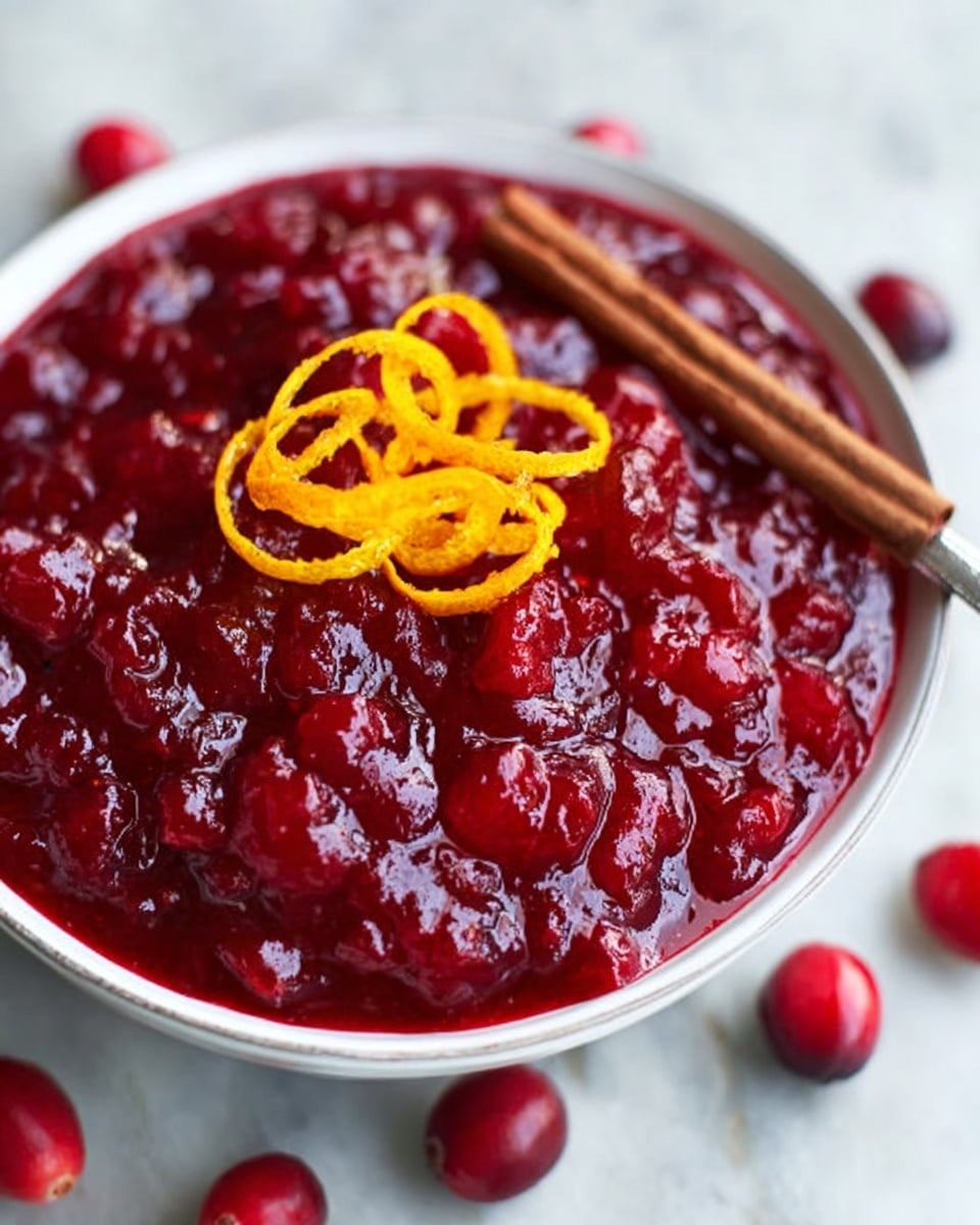 The image shows a small white bowl filled with bright red cranberry sauce, appearing chunky and glossy with whole cranberries visible throughout. Thin strips of orange zest are neatly placed on top as a garnish. A silver spoon rests inside the bowl, and the bowl sits on a light brown textured cloth on a white marbled surface. Photo taken with an iphone --ar 4:5 --v 7