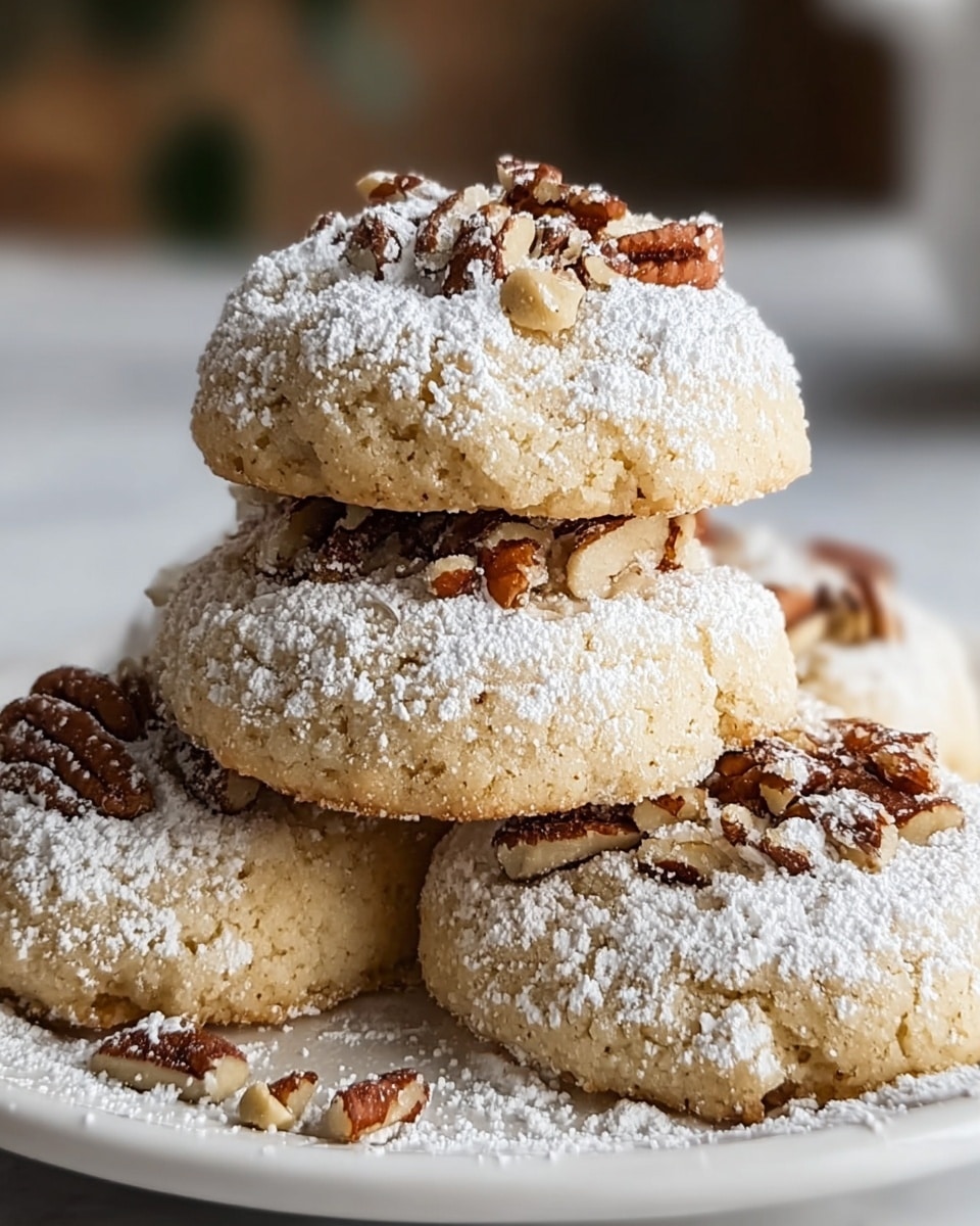 The image shows a stack of four round cookies on a white plate with a white marbled background. Each cookie has two visible layers: a thick, golden-brown base with a slightly rough texture, and a top layer covered in a generous dusting of white powdered sugar. On top of the powdered sugar, small chopped pieces of pecans are sprinkled evenly, adding a crunchy texture and rich brown color contrast. The cookies look soft and crumbly with a slightly raised shape, arranged in a neat pyramid with one cookie resting on top of three others. photo taken with an iphone --ar 4:5 --v 7