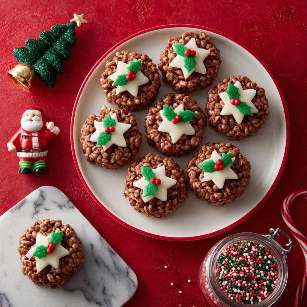 The image shows a white plate with two red rings near the edge, holding ten small round chocolate treats made of puffed rice cereal. Each treat has a dollop of white icing on top shaped like a star, decorated with green holly leaves and three red berry dots. One treat sits outside the plate at the bottom left on a red surface with a white marbled texture. Also on the surface are a red-and-white striped candy cane, a small Santa Claus figure holding a green bell, a small green Christmas tree with white tips, and a jar filled with red, white, and green round sprinkles. Photo taken with an iphone --ar 4:5 --v 7