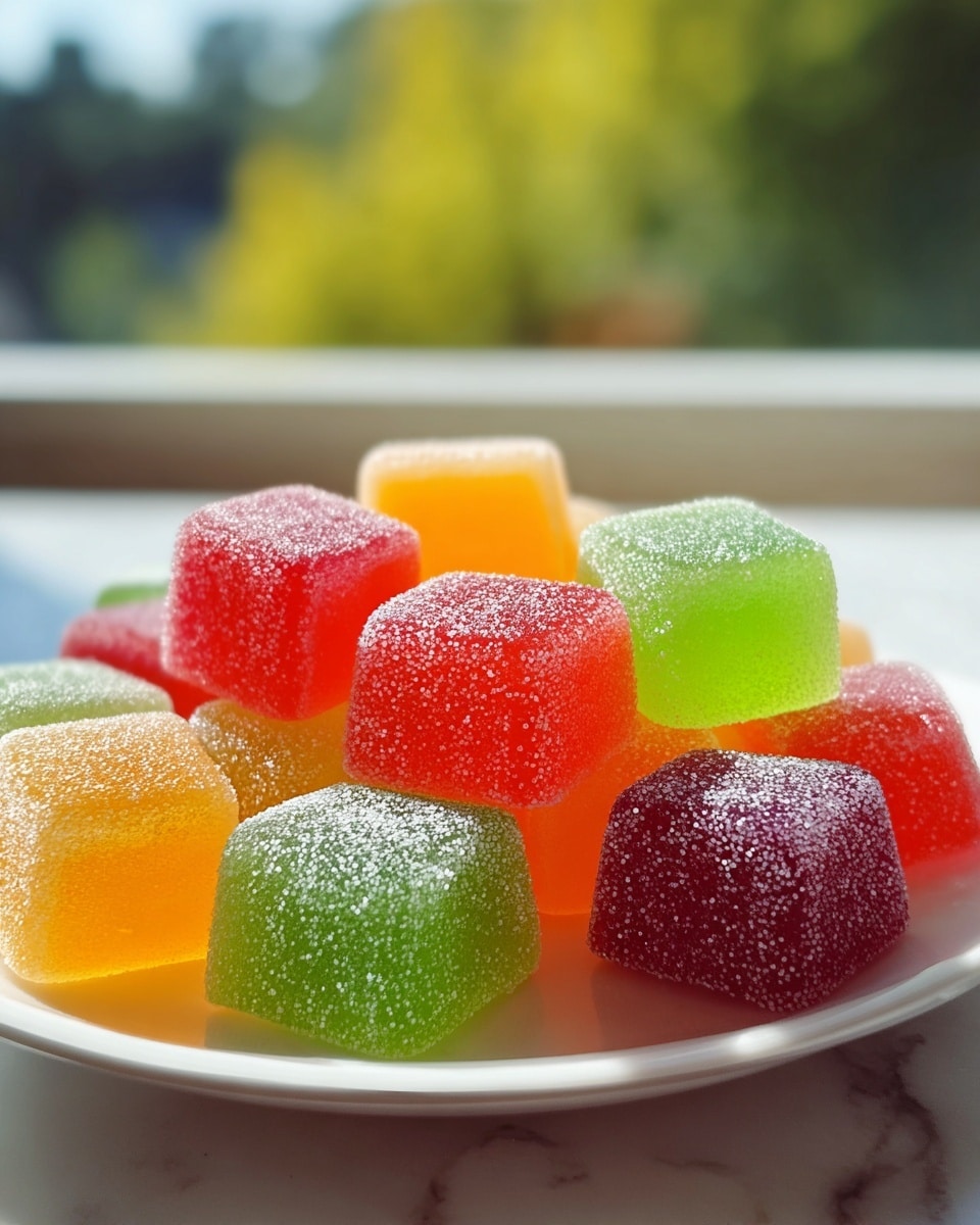 A white plate holds one layer of colorful gummy cubes arranged closely together. The gummies have a soft, translucent look with tiny sugar crystals dusted on their surface, giving them a frosted texture. The colors include red, orange, yellow, green, and purple, each cube slightly glossy and catching the light. The background shows a blurred window with green and yellow tones outside, creating a bright, natural light effect on the gummies. The surface underneath the plate is a white marbled texture. photo taken with an iphone --ar 4:5 --v 7