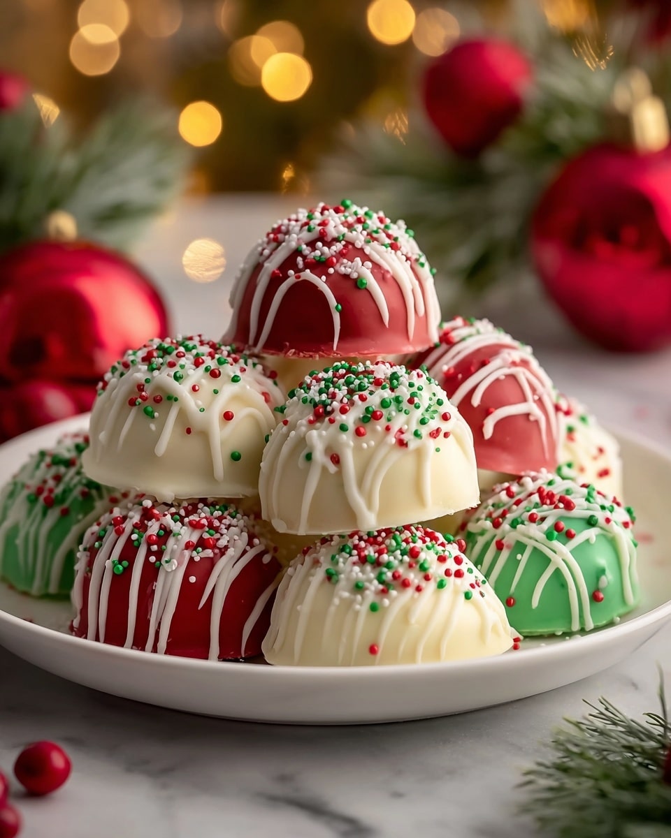 A white plate is full of round chocolate balls stacked in a small pile, layering about three or four high. The balls are coated in red, white, and green chocolate with a smooth, shiny finish. Each ball has thin white chocolate drizzles on top, and they are decorated with red, green, and white tiny round sprinkles and small chunks for a festive look. The background is blurred with warm yellow lights and some green pine branches and red ornaments, sitting on a white marbled surface. Photo taken with an iphone --ar 4:5 --v 7