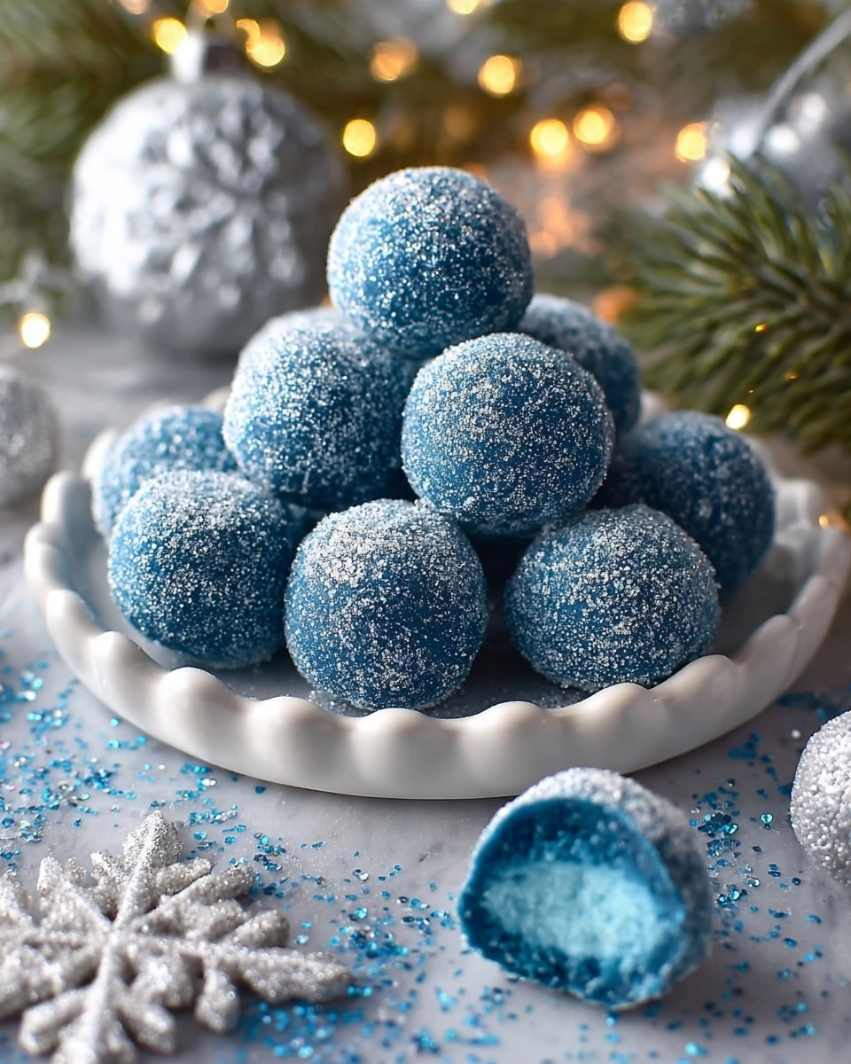 A white plate holds a pile of blue round candies coated with white sugar crystals, stacked in a pyramid shape with about three layers. Some candies show a smooth blue inside where bites have been taken, revealing a soft, slightly crumbly texture. The white sugar coating gives a rough, frosted look to the surface of each candy. In the background, there are blurred Christmas tree ornaments in blue and white, and glowing warm lights. The plate sits on a surface with some white snowflake decorations and scattered sugar, all set on a white marbled texture. photo taken with an iphone --ar 4:5 --v 7
