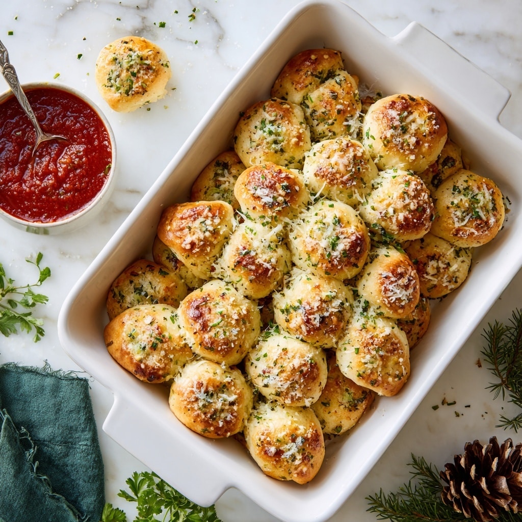 A white rectangular tray holds 21 golden-brown baked dough balls arranged in a pyramid shape with six layers, starting with one dough ball at the top and increasing to six at the base. The dough balls have a light, fluffy texture with a slightly crispy top and are sprinkled with grated parmesan cheese and finely chopped green herbs. To the top left inside the tray, there is a small white round bowl filled with rich red marinara sauce, with a gold spoon resting inside it. The tray is placed on a white marbled surface, scattered with small herb leaves and a few pinecones, and a bunch of green leaves peeks in from the top right corner. photo taken with an iphone --ar 4:5 --v 7