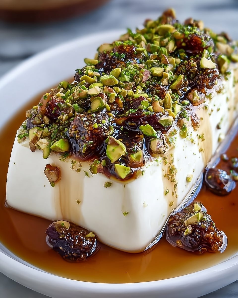 A single block of smooth, white creamy cheese sits on a white plate with a white marbled texture beneath. The cheese block is topped with a thick layer of chopped green pistachios mixed with small dark brown pieces, all covered in a shiny, golden-brown sticky syrup that drips down the sides. More syrup pools around the base of the cheese on the plate, with scattered bits of pistachio around it. The textures contrast between the soft, creamy cheese, crunchy nuts, and glossy syrup. Photo taken with an iphone --ar 4:5 --v 7