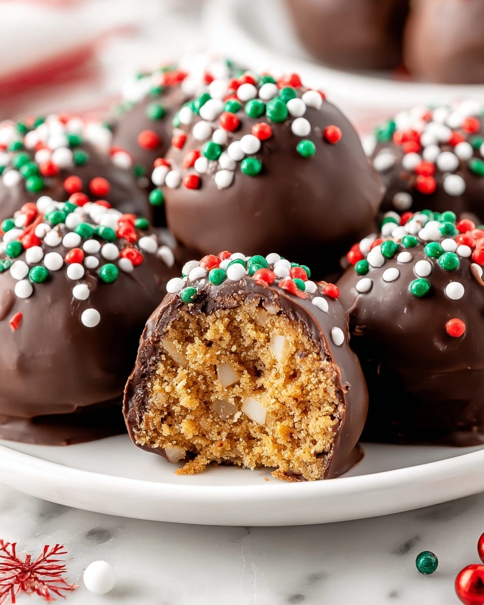The image shows a white plate with eight round chocolate-covered balls on a white marbled surface. Each ball is coated with smooth milk chocolate and topped with small red, green, and white sprinkles. One ball in the front is cut in half, revealing a light brown, crumbly inside with visible small chunks of nuts. The chocolate coating is slightly uneven at the bottom, and colorful sprinkles are scattered around the plate. In the background, a red ornament and some blurry silver decoration add a festive touch. Photo taken with an iphone --ar 4:5 --v 7