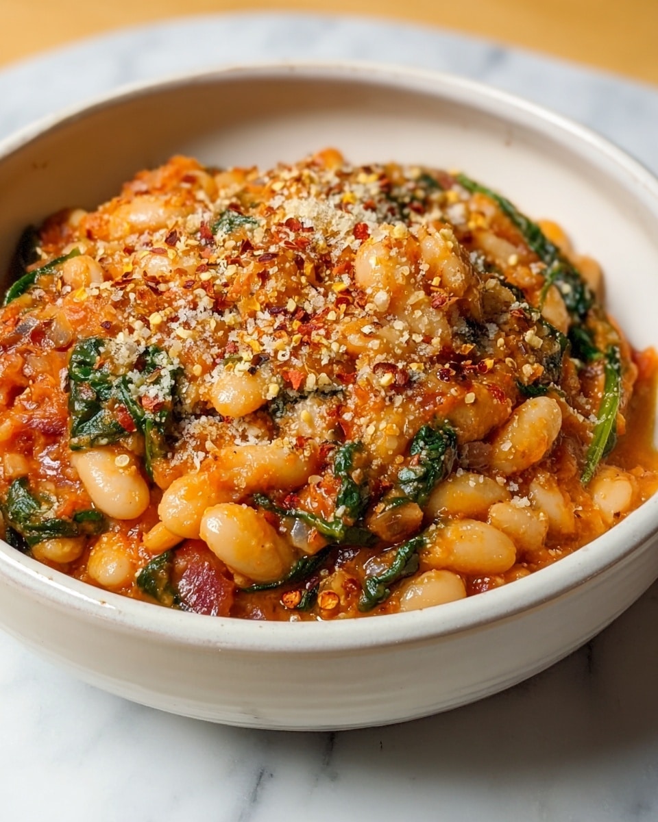 A white bowl filled with a layered bean dish that has plump white beans as the base, mixed with green spinach leaves spread throughout. The beans are coated in a rich, chunky orange-red sauce with visible pieces of diced tomato and onion, giving a slightly oily and glossy texture. On top, there’s a light sprinkle of finely grated cheese and some chili flakes, adding a grainy and slightly rough texture. The bowl sits on a white marbled surface, enhancing the warm colors of the dish. photo taken with an iphone --ar 4:5 --v 7
