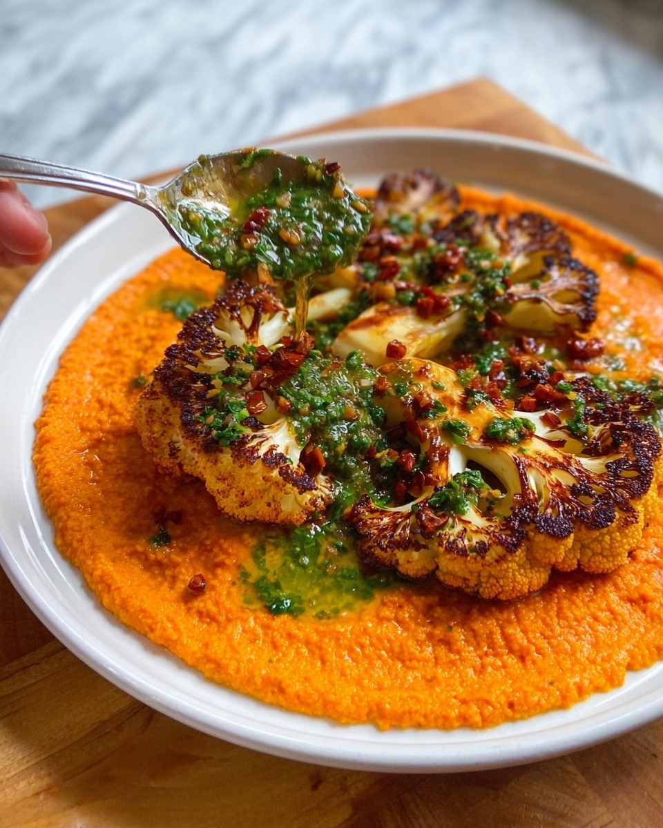 A white plate holds two large, charred cauliflower steaks placed side by side. The bottom layer is a thick, smooth orange sauce spread evenly across the plate. On top of the sauce, the cauliflower steaks have a dark brown, almost blackened crust with a rough texture, showing charred spots. Bright green herb sauce with visible small chunks is drizzled over the cauliflower steaks, adding a fresh contrast in color. The plate sits on a surface with a white marbled texture. Photo taken with an iphone --ar 4:5 --v 7
