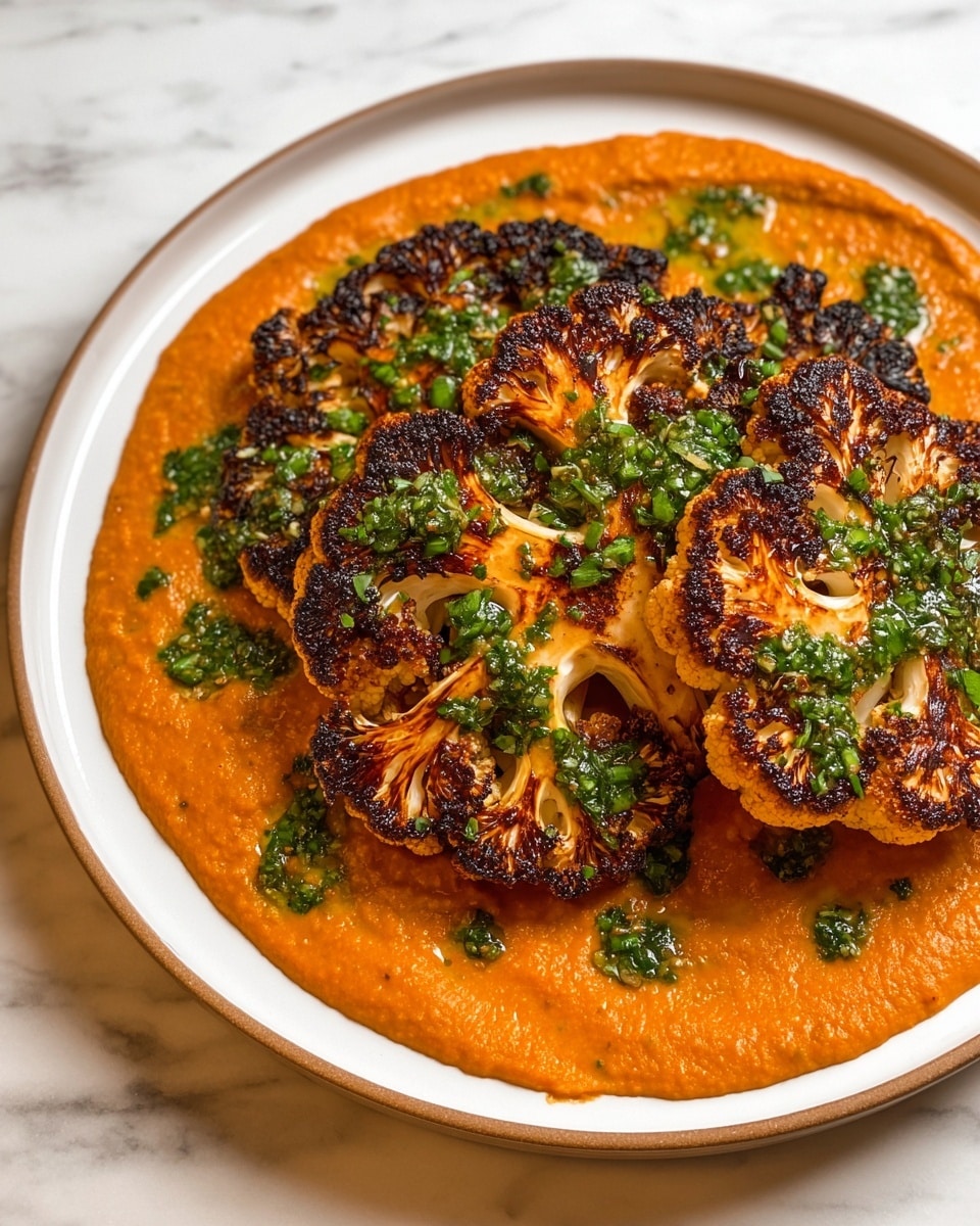A large white plate holds a thick base layer of bright orange sauce spread evenly across the bottom, with a slightly coarse texture. On top, there are two pieces of golden-brown roasted cauliflower steaks with a crispy, charred outer edge and tender inside. A spoon held by a woman's hand is drizzling a freshly made green herb sauce with visible chopped red chili, garlic, and herbs over the cauliflower. The shiny green sauce creates a fresh contrast with the orange base and golden cauliflower. The background shows a blurred white marbled surface and a wooden cutting board area. Photo taken with an iphone --ar 4:5 --v 7