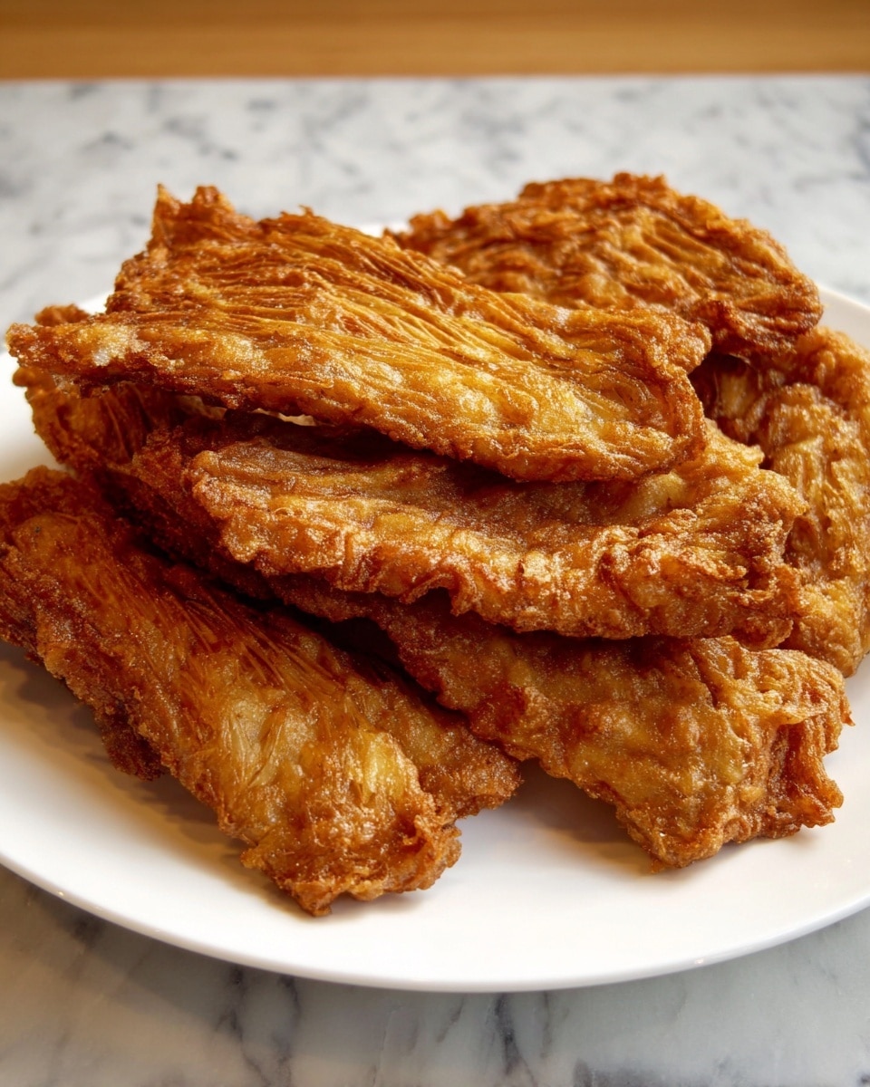 A white plate holds six pieces of golden-brown fried food with a rough, crispy texture made from thin, stringy layers that are tightly packed and slightly fanned out at one end, showing their fibrous structure. The fried pieces are stacked on top of each other, creating a layered pile with varied shapes but uniform color, ranging from light to dark brown, indicating deep frying. The plate sits on a white marbled surface, adding a clean and simple backdrop to the rich, crunchy food. Photo taken with an iphone --ar 4:5 --v 7
