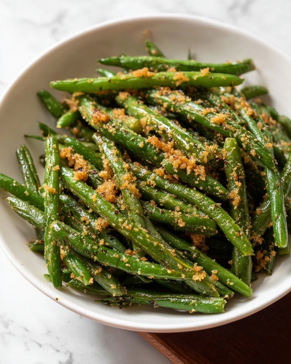 A white bowl filled with one layer of cooked green beans. The green beans are bright green and have a slightly wrinkled skin texture, coated evenly with small pieces of toasted golden brown breadcrumbs and specks of black pepper scattered across them. The beans are piled in the middle and the bowl sits on a white marbled surface. Photo taken with an iphone --ar 4:5 --v 7