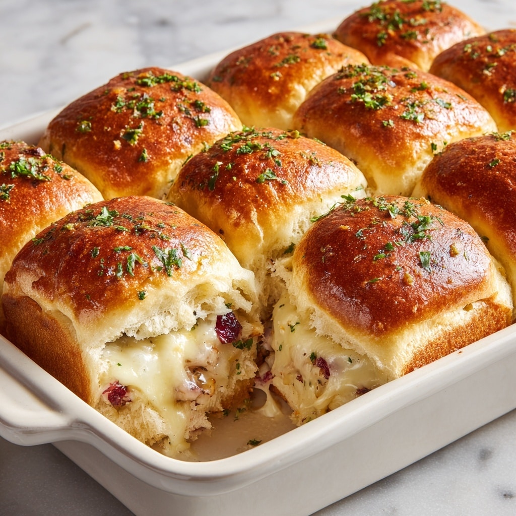 The image shows a close-up of nine mini slider sandwiches in a white rectangular baking dish on a white marbled surface. Each slider has a shiny, golden-brown top bun sprinkled with chopped green herbs. The buns are soft and slightly glossy, with one slider pulled away to reveal melted white cheese and pieces of red cranberry mixed with other filling inside. The sandwiches rest closely together with some herbs and melted cheese visible between them, creating a warm and appetizing layered look. Photo taken with an iphone --ar 4:5 --v 7