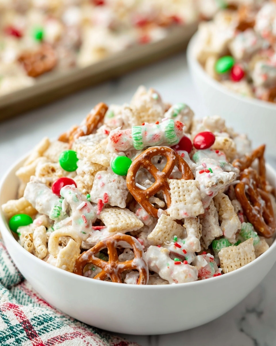 The image shows a close-up of a sweet snack mix in a white tray lined with parchment paper, resting on a white marbled surface. The mix has several layers of light beige cereal pieces, including cone-shaped, square and ring-shaped bits, all coated with a smooth, creamy white frosting. Mixed in are small, round red and green candies, along with tiny red, green, and white sprinkles scattered evenly across the top. The overall texture looks crunchy and creamy with bright, festive colors. photo taken with an iphone --ar 4:5 --v 7
