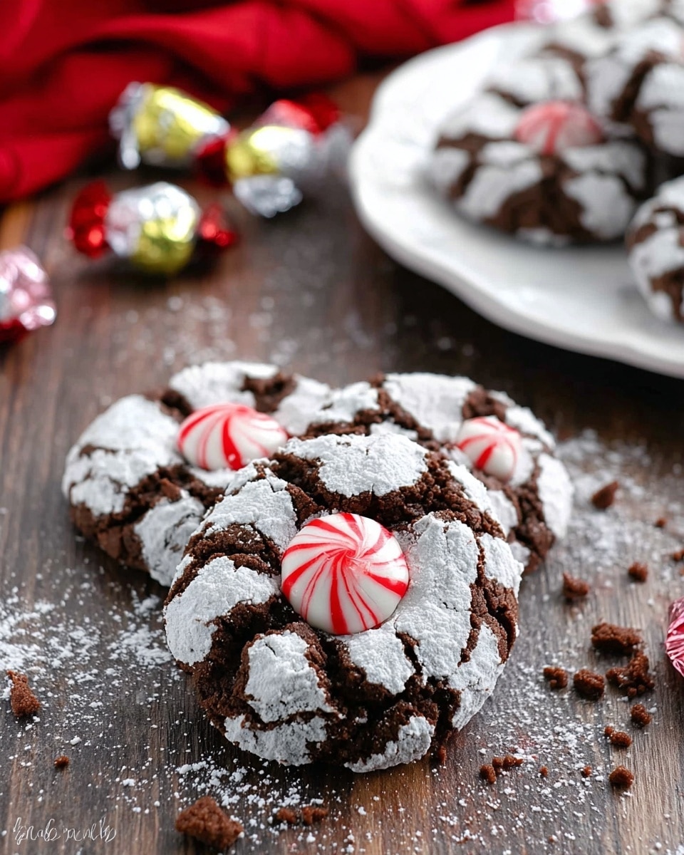 The image shows three round chocolate crinkle cookies with deep cracks on the dark brown surface, each covered with a powdery white layer of sugar that fills the cracks unevenly. In the center of each cookie, there is a striped candy with swirls of creamy white and bright red, giving a festive look. The cookies rest on a white marbled surface, with one small piece of the same striped candy placed blurred in the background. The textured surface of the cookies contrasts with the smooth candy centers, creating a visually rich and tasty scene. photo taken with an iphone --ar 4:5 --v 7