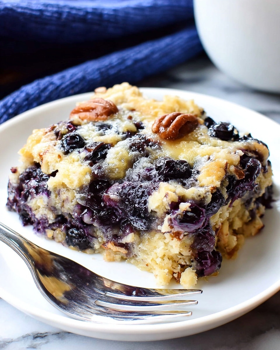 A white square baking dish filled with a blueberry oat casserole. The bottom layer is a deep purple blueberry mix, bubbling slightly at the edges. The top layer is golden brown and textured with scattered oats and pecan pieces, creating a crunchy surface. The blueberries peek through the oat topping, adding dark blue and purple spots across the dish. The dish rests on a wooden surface with a white marbled textured background, alongside a small white bowl of blueberries and a blue cloth. photo taken with an iphone --ar 4:5 --v 7