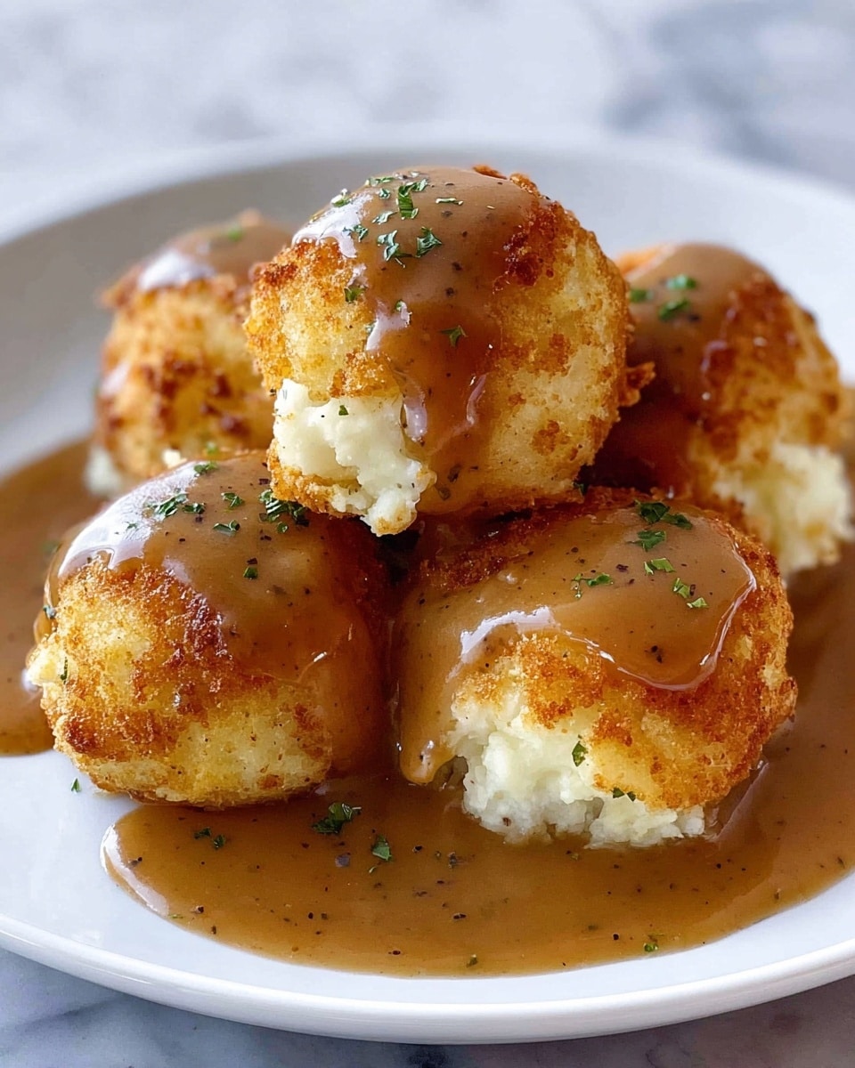 A white plate holds six golden-brown, round mashed potato balls with crispy crusts, arranged in a small pile. Each ball shows a soft, creamy mashed potato inside with some green herbs visible. A smooth, light brown gravy is poured generously over the potato balls, pooling slightly at the base of the plate. Tiny green herb leaves are sprinkled on top, adding a fresh touch. The plate is set on a white marbled surface with a blurred dark background. photo taken with an iphone --ar 4:5 --v 7