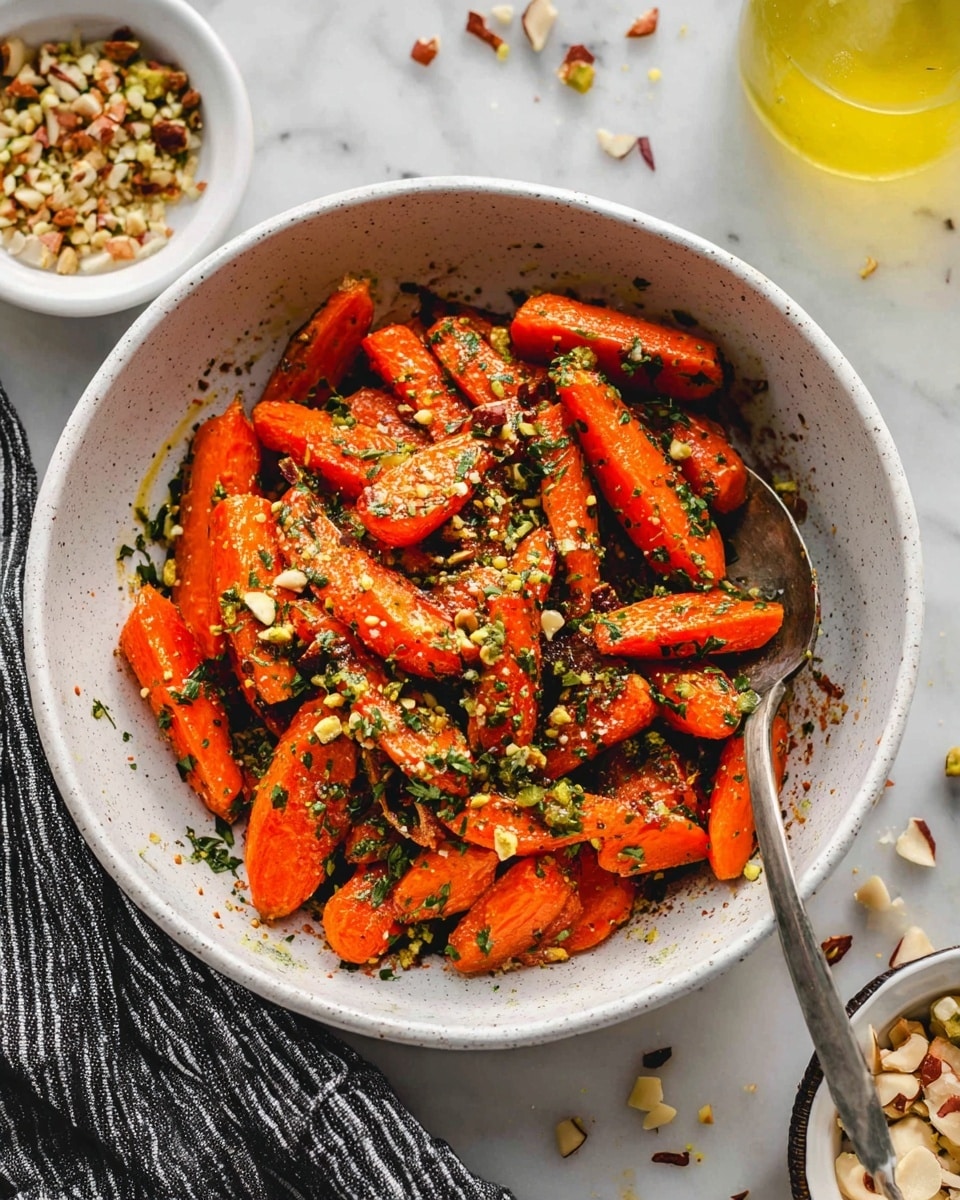 A white speckled bowl is filled with roasted carrots that are bright orange and slightly charred, giving a crispy texture on the edges. The carrots are cut into medium-sized pieces, tossed with chopped green herbs and sprinkled with sesame seeds and crushed nuts, adding a mix of green and beige colors on top. A silver spoon rests inside the bowl, partially covered by the carrots. The bowl sits on a white marbled surface with scattered crushed nuts around it. Nearby, there is a small white bowl with more nut topping and a glass bottle with a yellow liquid. A black and white striped cloth is partially visible under the bowl. photo taken with an iphone --ar 4:5 --v 7