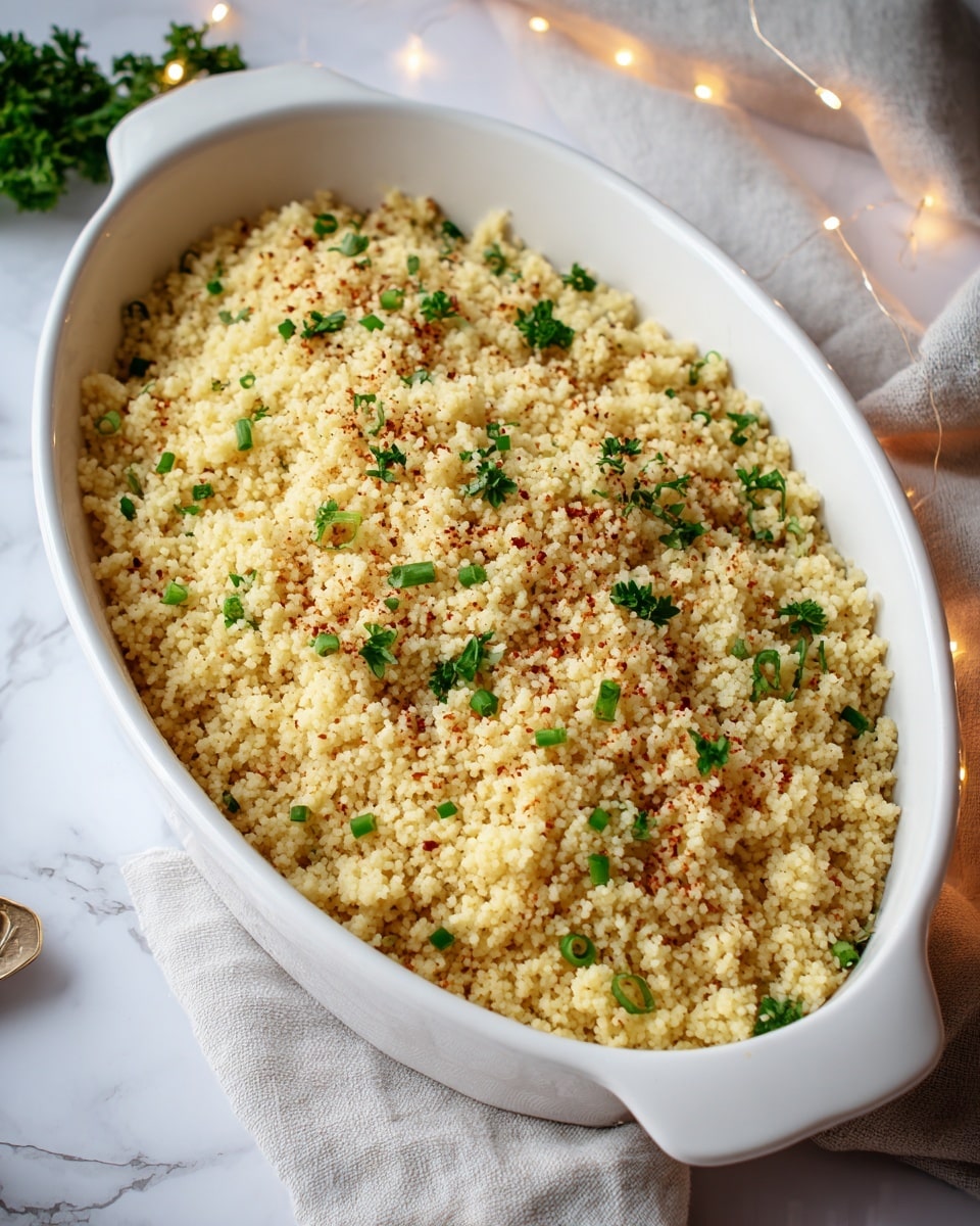 An oval white dish filled with a single layer of light yellow couscous that has a soft, grainy texture. The couscous is sprinkled evenly with small green chopped parsley leaves and a few spots of ground spices giving hints of brown color. The dish is placed on a white marbled surface, with some parsley leaves and a warm string light nearby adding a cozy feel. A folded beige cloth is partially visible at the top right corner of the image. Photo taken with an iphone --ar 4:5 --v 7