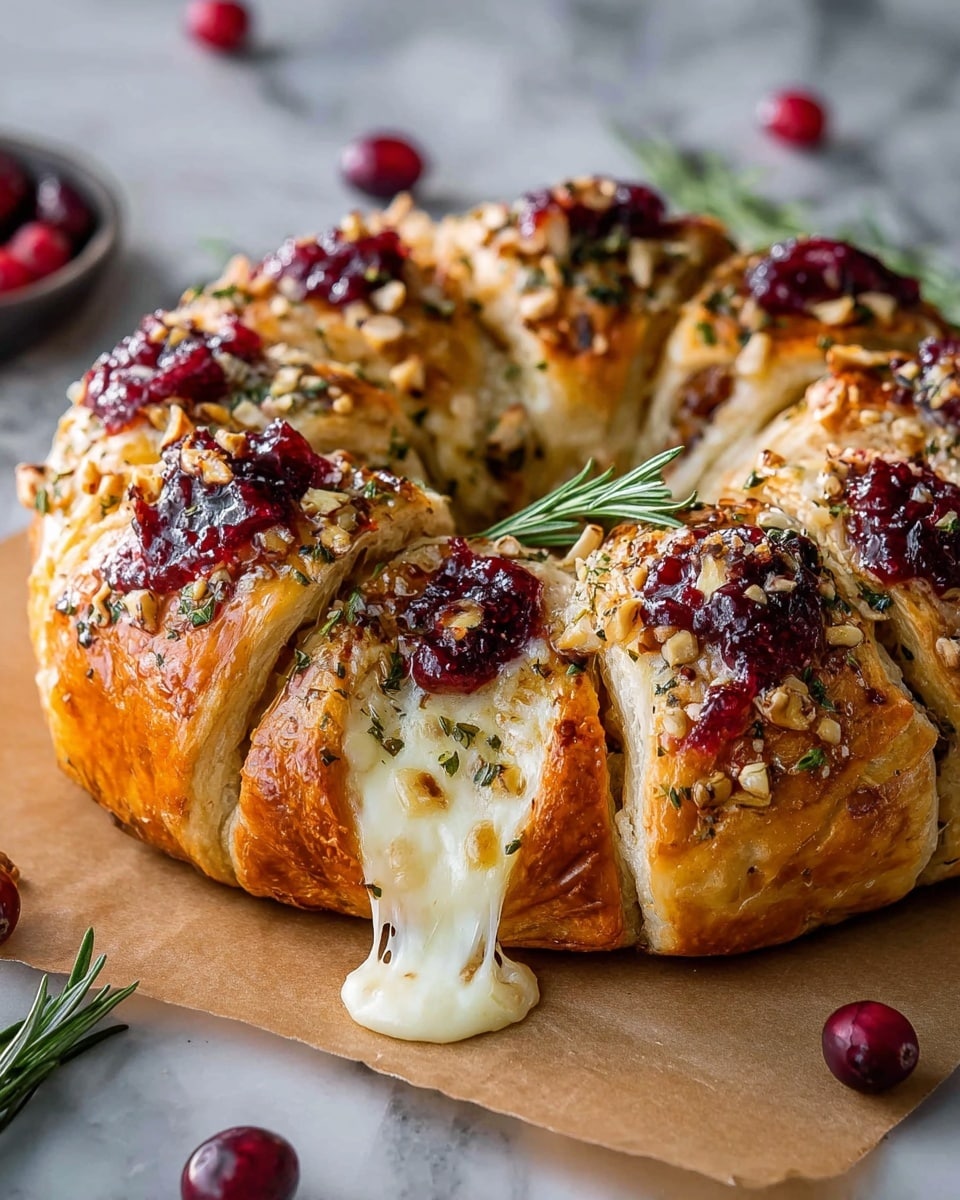 A golden brown puff pastry ring with visible flaky layers forms the base of this dish, cut into sections to reveal melted creamy cheese oozing from inside each part. On top of each segment, there are small dollops of dark red cranberry sauce along with finely chopped green herbs and crumbly nuts scattered evenly for texture. A few sprigs of fresh rosemary lie on the pastry, adding a touch of green. The pastry is placed on brown parchment paper over a white marbled textured surface, with whole fresh cranberries scattered around the pastry. photo taken with an iphone --ar 4:5 --v 7