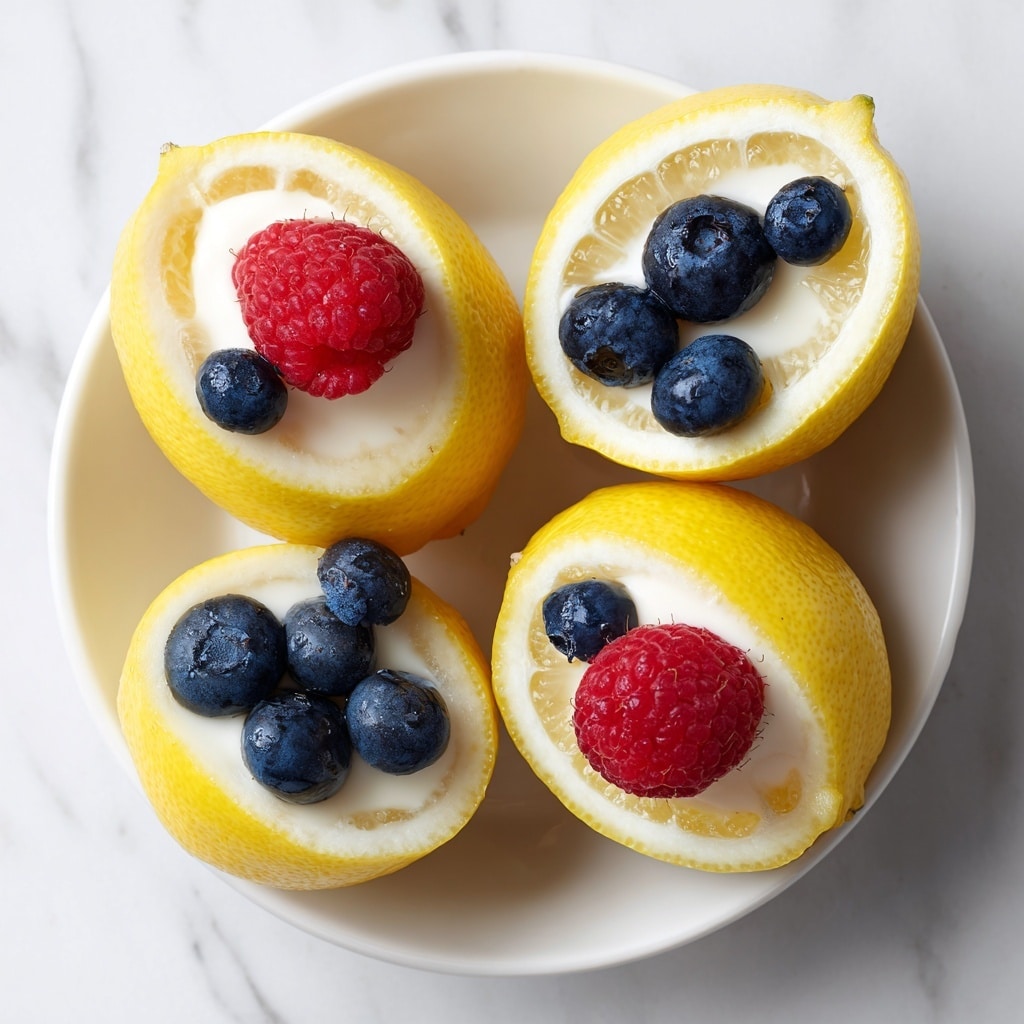 This image shows eight lemon halves hollowed out and filled with a smooth, creamy, pale yellow mixture. Each lemon half is topped with one bright red raspberry and two small dark blue blueberries, arranged neatly. The filled lemon halves sit on a shiny white plate with a blue interior edge, placed on a white marbled textured surface. A halved lemon is visible in the back right corner with more raspberries and blueberries scattered around the plate. The overall look is fresh and colorful with a mix of bright yellow, red, blue, and creamy white textures. Photo taken with an iphone --ar 4:5 --v 7