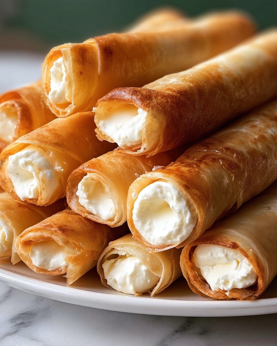 A close-up view of a stack of rolled pastries filled with creamy white cheese, each piece showing multiple thin, golden-brown layers on the outside with a soft, slightly textured white cheese filling visible at the open ends. The rolls are arranged in a pile on a white plate, set on a white marbled surface, with a green background softly out of focus. The outer layers of the rolls are smooth and slightly shiny with light browning, suggesting a light baking or frying process. photo taken with an iphone --ar 4:5 --v 7