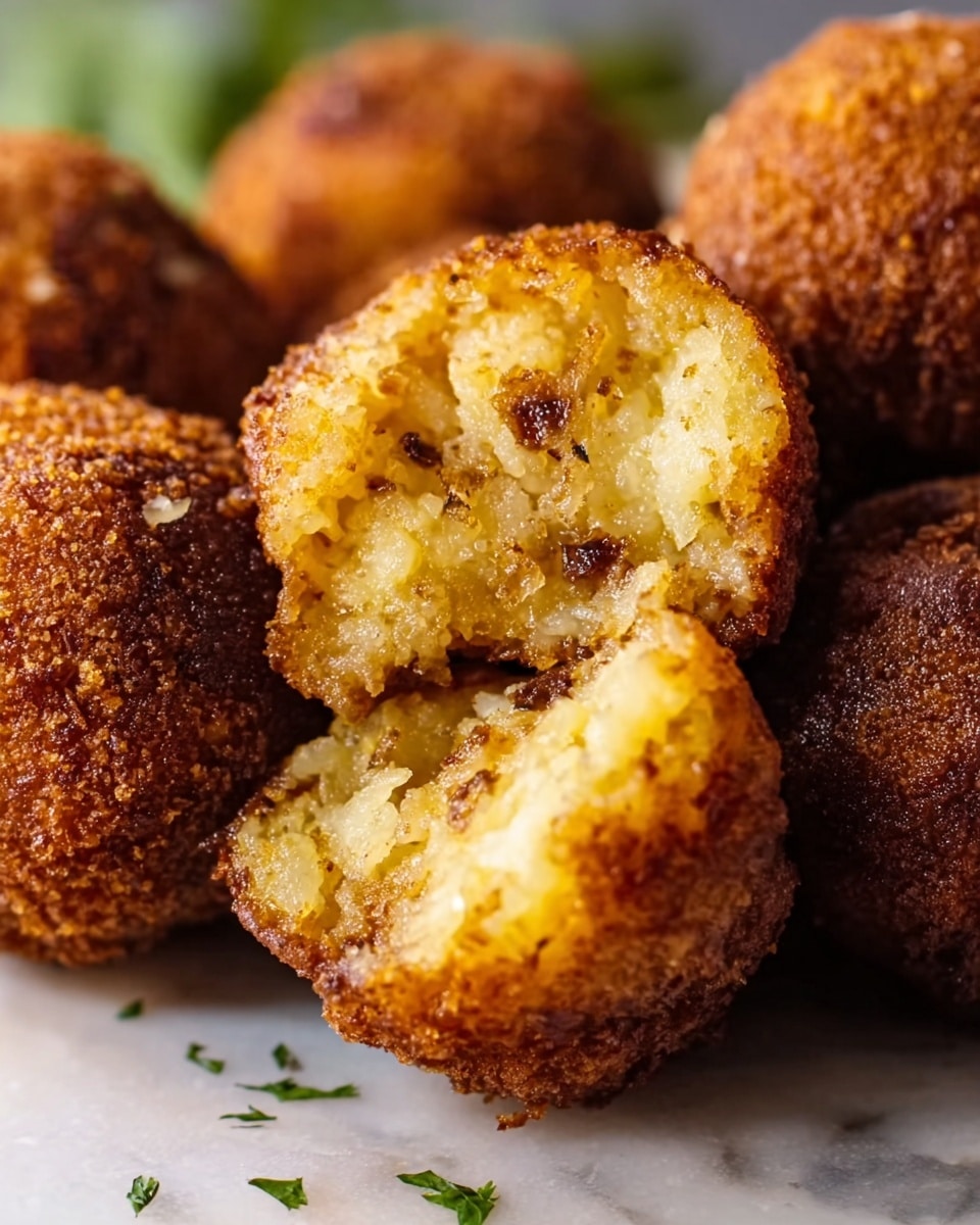 The image shows a close-up of round croquettes with a dark golden-brown crispy outer layer. One croquette is cut open in the center of the image, showing a soft, light yellow interior with small bits of darker filling inside that looks moist and textured. The crispy outside is uniform and crunchy, contrasting with the soft inside. The croquettes rest on a white marbled texture, with some green garnish blurred in the background. photo taken with an iphone --ar 4:5 --v 7