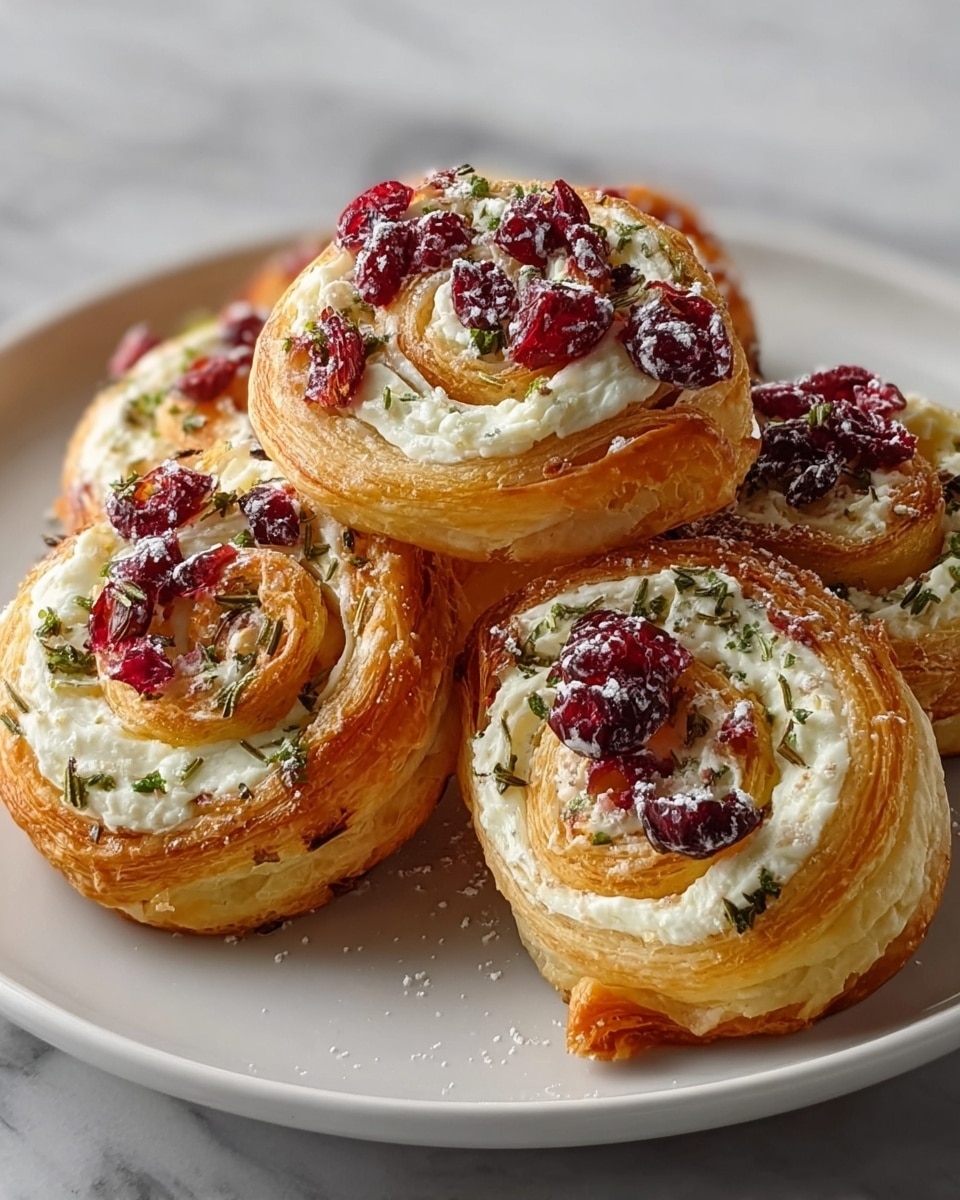 The image shows four golden brown puff pastry swirls placed on a white plate, each filled with a creamy white cheese mixture spread evenly in the center. Dark red bits of what looks like bacon or cured meat are mixed into the cheese, with small pieces scattered on top as well. Bright green herbs are sprinkled over the cheese and meat, adding a touch of color and freshness. The puff pastry layers are flaky and crisp with a slight shine, and the filling is thick and smooth with visible texture from the meat and herbs. The background is a white marbled surface. Photo taken with an iphone --ar 4:5 --v 7