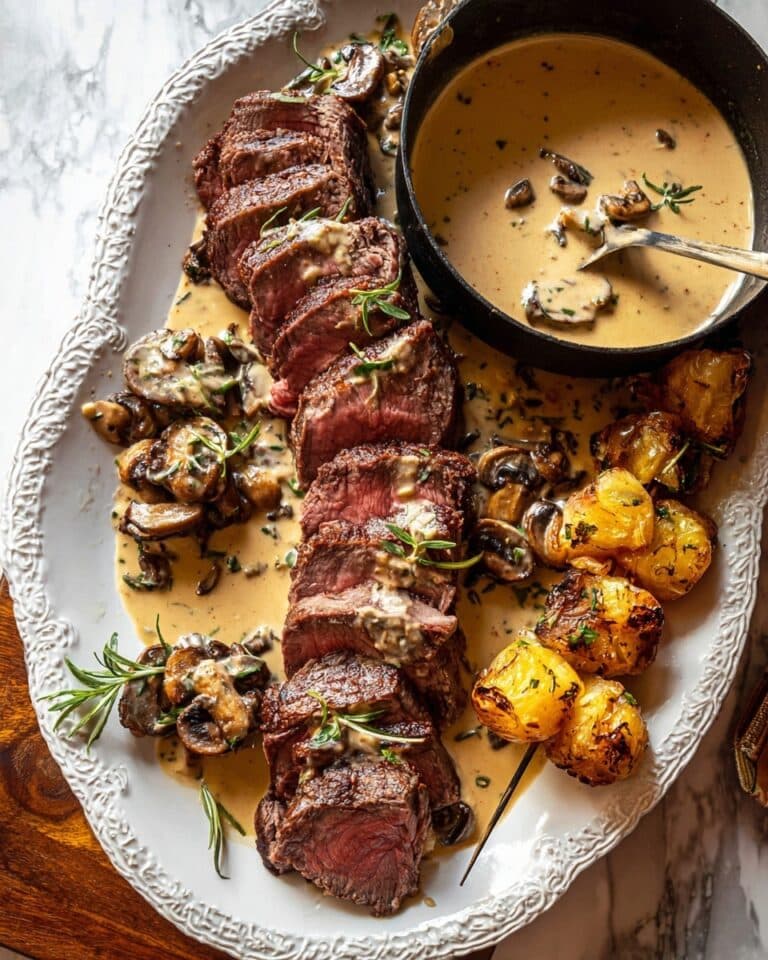 Beef Tenderloin Roast with Marsala Cream Sauce and Smashed Potatoes Recipe