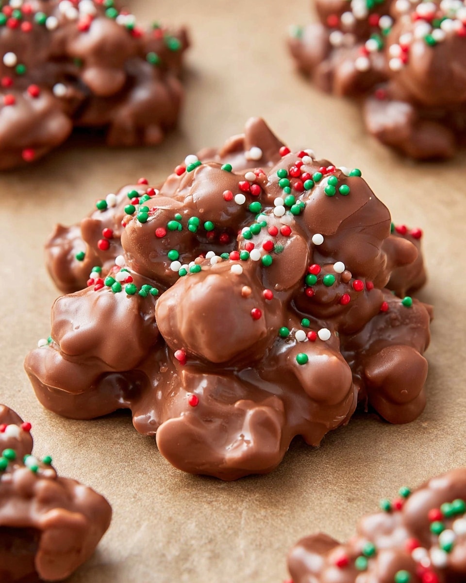 A cluster-shaped treat made of rich milk chocolate with a smooth, glossy surface sits on a beige parchment paper, each cluster made from multiple rounded pieces fused together. The chocolate is studded with small, round sprinkles in red, green, and white colors scattered evenly on top, adding a festive touch. The clusters have an irregular, bumpy texture and a soft glistening shine, arranged casually with other similar clusters blurred in the background. photo taken with an iphone --ar 4:5 --v 7