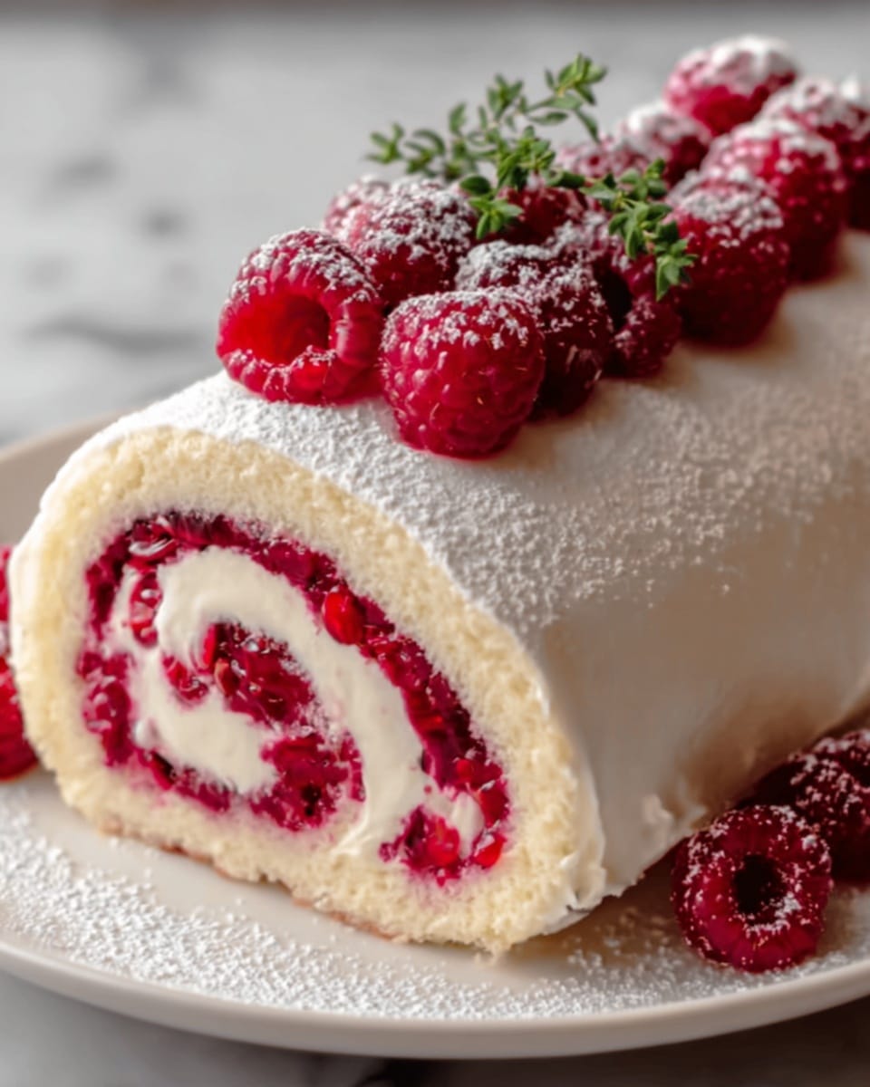 A white rolled cake with two thick layers of creamy white sponge, filled with swirled bright red raspberry jam that has a slightly chunky texture, is placed on a white plate. The exterior of the roll is dusted with powdered sugar, and fresh raspberries are scattered on top and around the base. A small green pine sprig adds a touch of color on top near the raspberries, all set on a white marbled surface. photo taken with an iphone --ar 4:5 --v 7