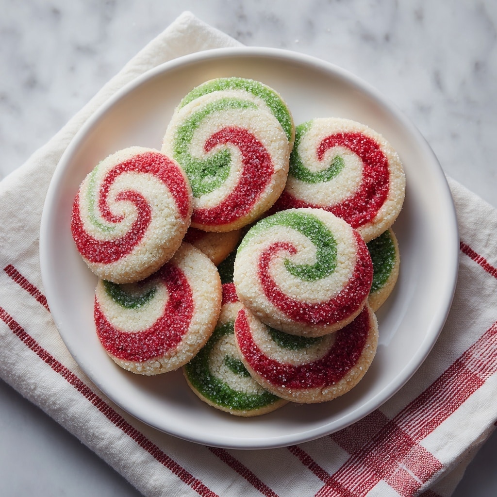 A stack of round cookies with three spiral layers in red, white, and green placed on a white plate, each cookie showing a smooth swirl pattern. The edges of the cookies are slightly textured with visible sugar crystals. The stack is tied with a thin red and gold string bow on top. Surrounding the stack are more individual cookies lying flat, showing the same spiral design. The scene is set on a white marbled surface with soft warm lights adding a cozy feel. Photo taken with an iphone --ar 4:5 --v 7