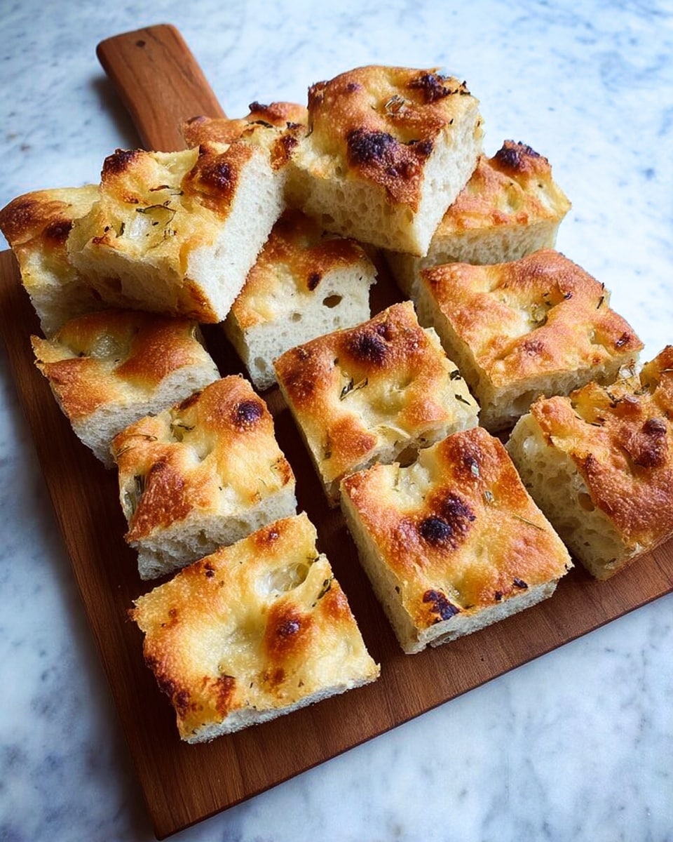 The image shows twelve pieces of focaccia bread cut into square shapes and placed on a wooden cutting board. Each piece has a golden brown crust with some darker toasted spots, and the bread looks soft and airy inside with visible air pockets. The cutting board is placed on a white marbled textured surface. photo taken with an iphone --ar 4:5 --v 7