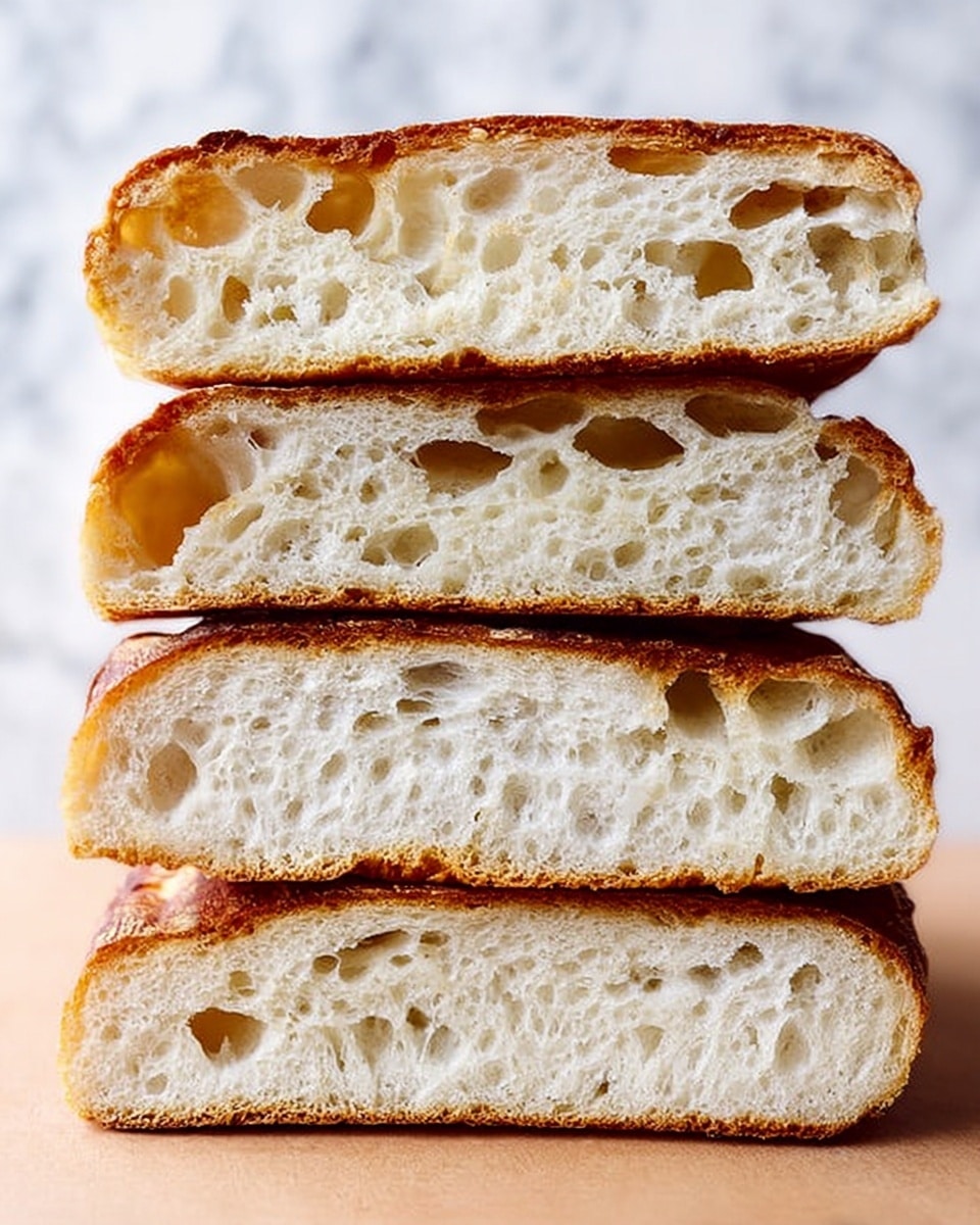 The image shows four thick slices of bread stacked on top of each other, with a golden-brown crust and a light, airy inside full of holes. The crust looks slightly crispy and crunchy, while the inside is soft and spongy with a white color and an open texture. The slices are resting against each other on a white marbled background. photo taken with an iphone --ar 4:5 --v 7