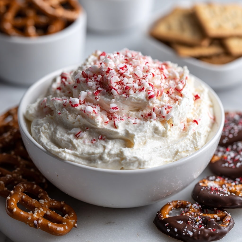 A white bowl is filled with a fluffy, creamy peppermint cheesecake dip that is pale pink and white in color, topped with crushed red and white peppermint candy pieces. A woman's hand is dipping a chocolate-covered pretzel into the soft textured dip. Around the bowl, more chocolate-covered pretzels are scattered on a white marbled surface, and a pink and white checkered cloth is visible in the background. The overall look is festive and inviting. photo taken with an iphone --ar 4:5 --v 7