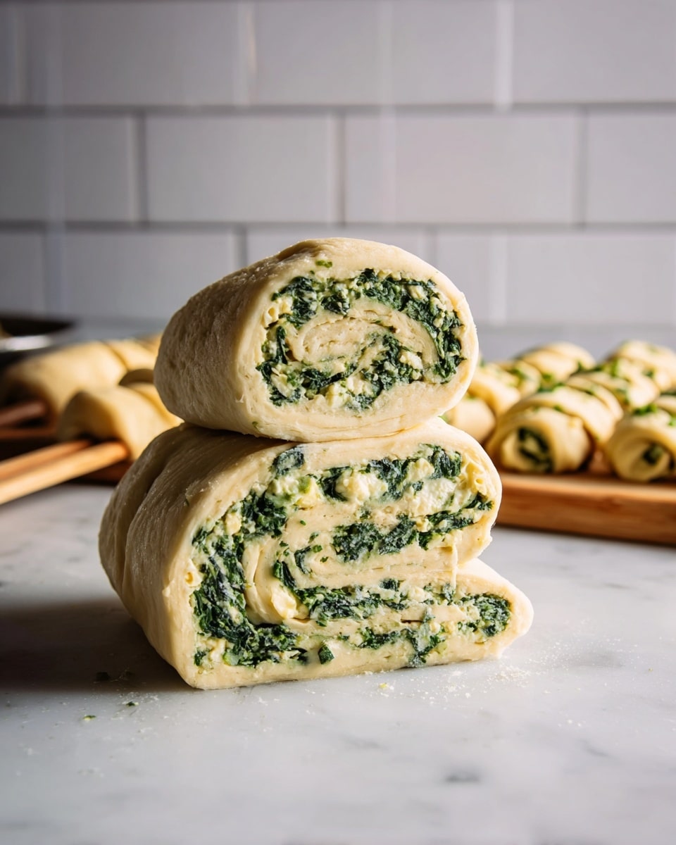 A close-up view of several puff pastry snacks shaped like Christmas trees on wooden sticks, each consisting of three stacked layers of golden brown, flaky dough with visible flaky textures; within the layers, dark green spinach and melted light yellow cheese are swirled creating a marbled pattern; the tops have small white star-shaped cheese pieces, and some grated white cheese is sprinkled lightly over the pastries; they are arranged on a round cork board over a white marbled surface. photo taken with an iphone --ar 4:5 --v 7