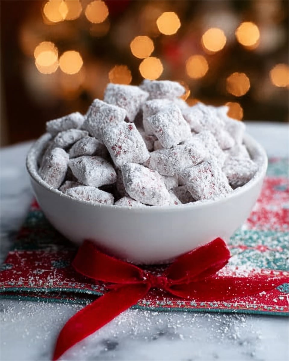 A white bowl filled with bite-sized square pieces of chocolate-covered treats dusted generously with powdered sugar. The pieces have a rough texture and are piled high, creating a small mound in the bowl. The bowl rests on a white marbled surface with blurred warm yellow lights shining softly in the background, and a red ribbon tied around the bowl adds a festive touch. The setting gives a cozy and inviting feeling. photo taken with an iphone --ar 4:5 --v 7