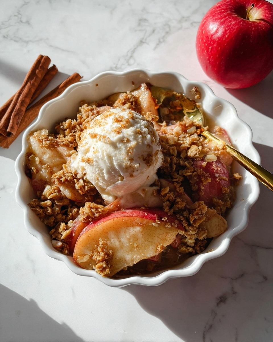A white bowl on a white marbled surface holds a warm apple crumble dessert with visible layers: soft, baked apple slices in red and pale yellow mixed with a golden-brown, crunchy oat and nut crumble topping. In the center, there is a scoop of creamy vanilla ice cream starting to melt over the crumble, giving a smooth white contrast to the textured topping. A gold spoon is partially dipped into the dessert, lifting a bite with apple, crumble, and melting ice cream. Nearby, a whole shiny red apple and a cinnamon stick rest on the surface, adding a rustic feel. Photo taken with an iphone --ar 4:5 --v 7