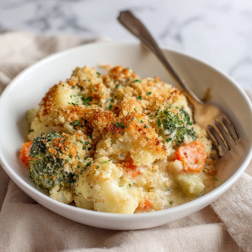 A white bowl filled with a layered vegetable casserole, the base layer showing white cauliflower and green broccoli florets mixed with small orange carrot pieces, all covered in a creamy white cheese sauce. The top layer is a golden brown crust made of toasted breadcrumbs, giving a crunchy texture, with some bits slightly darker for a roasted look. Bits of melted yellow cheddar cheese peek through the creamy sauce, adding color and richness. A silver fork rests inside the bowl. The bowl sits on a white marbled surface with a soft beige cloth under it. Photo taken with an iphone --ar 4:5 --v 7
