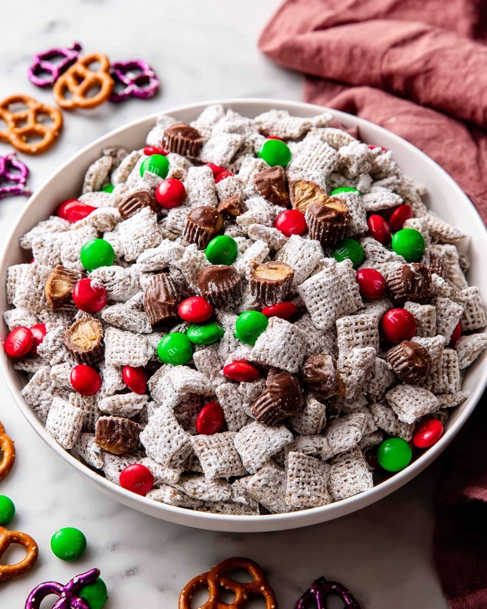 A large white bowl filled with a layered snack mix starting with a base layer of square cereal pieces covered in white powdered sugar, creating a rough textured surface. Scattered on top are small round red and green candy-coated chocolates, adding bright shiny spots across the mixture. Interspersed throughout are pieces of mini chocolate peanut butter cups, their smooth, ridged surfaces contrasting with the powdery cereal. The bowl is placed on a white marbled texture surface with a pinkish cloth in the background, and some pretzels purple and red and green chocolates spilled on the surface around the bowl. Photo taken with an iphone --ar 4:5 --v 7