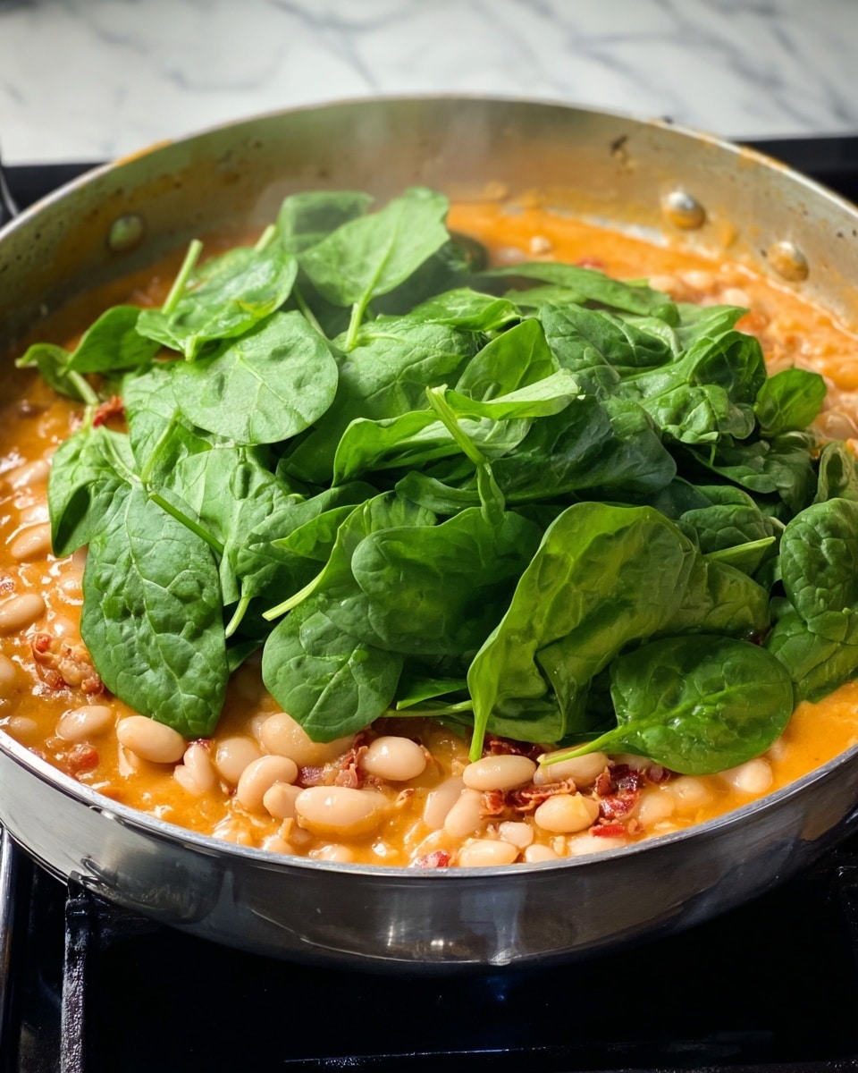 The image shows a close-up of a silver frying pan on a stove with a white marbled surface beneath. Inside the pan, the bottom layer is a thick, creamy orange sauce mixed with small white beans and bits of red ingredients, likely tomatoes or peppers. On top of this, there is a fresh pile of green spinach leaves, their veins and texture clearly visible, looking vibrant and raw. There is a slight steam rising from the pan, indicating the food is hot and cooking. photo taken with an iphone --ar 4:5 --v 7