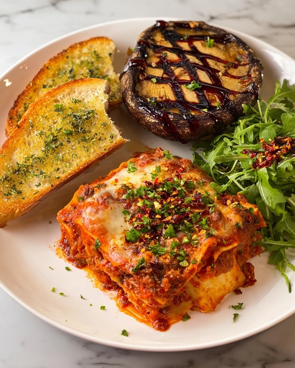 A white plate holds a serving of lasagna with three visible layers: a bottom layer of melted tomato sauce, a middle layer of pasta sheets covered with a rich red-orange cheesy sauce mixed with bits of green herbs, and a top layer of melted, browned cheese sprinkled with chopped green herbs and red chili flakes. To the left, two slices of garlicky bread with a golden-brown crust and green herb seasoning rest at an angle. At the back, a large grilled portobello mushroom with dark grill marks and drizzles of a dark balsamic glaze sits on a bed of fresh bright green arugula leaves. The plate is placed on a white marbled surface. photo taken with an iphone --ar 4:5 --v 7