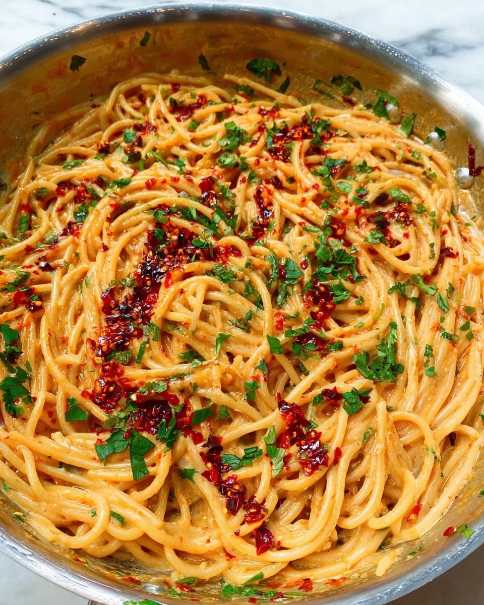 A close-up view of a metal pan filled with creamy spaghetti noodles coated in a smooth, light orange sauce. The spaghetti is mixed evenly with bright red chili oil drizzled across the top, adding shiny, textured red patches. Fresh green chopped herbs are scattered on the surface, giving a fresh touch and color contrast to the noodles and chili oil. The pan sits on a white marbled texture, showing the rich, creamy meal with a slight oily sheen and flecks of seasoning throughout. photo taken with an iphone --ar 4:5 --v 7