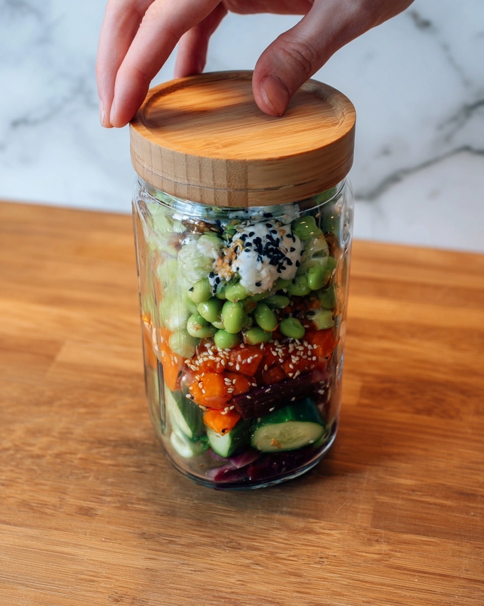 A clear glass jar filled with several colorful layers of food sits on a warm wooden surface. At the bottom, there are green cucumbers mixed with reddish-purple slices, topped by a layer of bright orange chunks mixed with light green pieces that look like edamame. Above that is a black and white layer sprinkled with sesame seeds, and some white sauce drizzled over it. A woman's hand is seen placing a smooth, light brown wooden lid on the jar. The background has a soft white marbled texture. Photo taken with an iphone --ar 4:5 --v 7