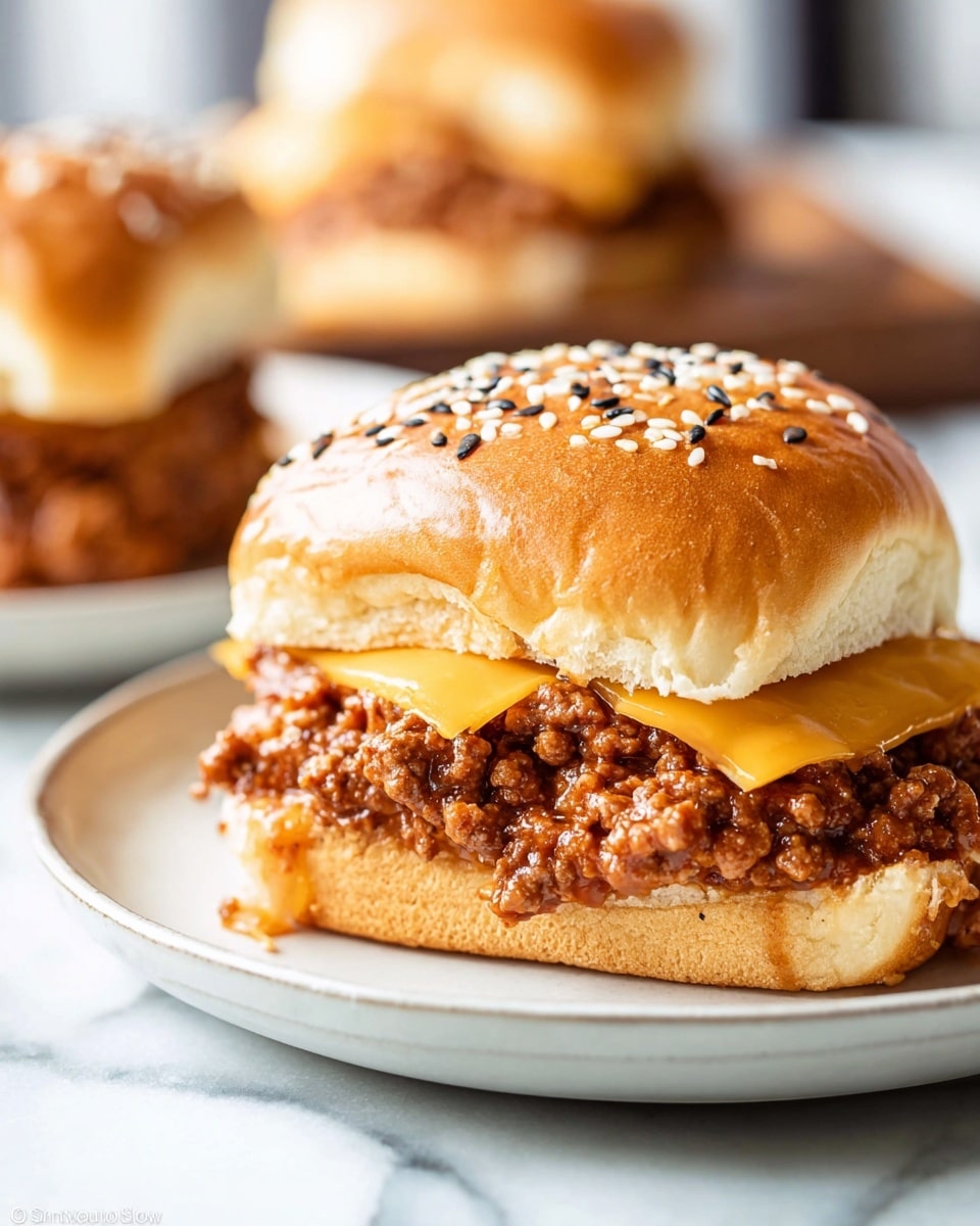 A close-up view of a sloppy joe sandwich on a white plate set on a white marbled surface. The sandwich has three visible layers: the soft, glossy top bun sprinkled with white and black sesame seeds; a middle layer of melted yellow cheese with a smooth texture; and a thick, chunky layer of brown, cooked ground beef mixed with sauce and small bits of onion resting on the bottom bun. Another sloppy joe sandwich is visible blurred in the background. Photo taken with an iphone --ar 4:5 --v 7