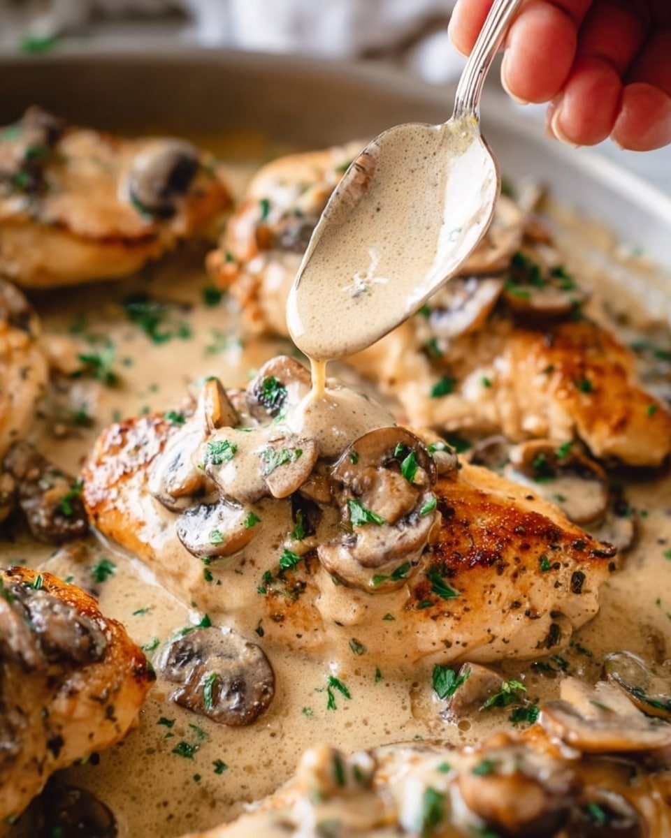 The image shows two golden-brown fried chicken breasts placed side by side on a white plate, covered generously with a creamy beige mushroom sauce that has visible chunks of mushrooms and small bits of onions. Fresh green herbs are sprinkled on top of the chicken and sauce, adding a touch of color. The white plate is sitting on a white marbled textured surface, with a silver fork placed behind it. The overall look is warm and appetizing with soft lighting highlighting the texture of the chicken and sauce. photo taken with an iphone --ar 4:5 --v 7