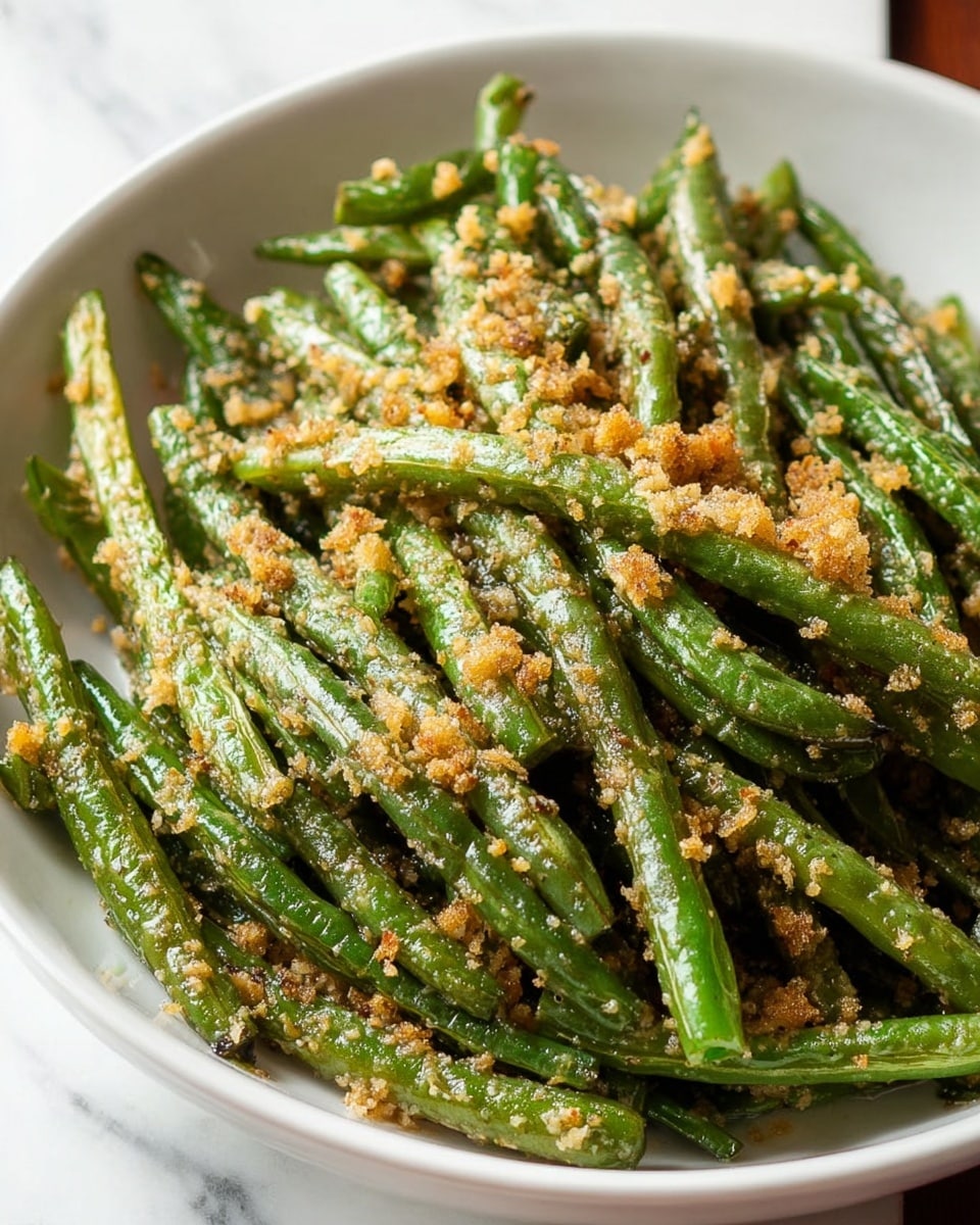 The dish shows a pile of roasted green beans stacked in a shallow white bowl, each bean coated in small, golden brown crispy bits that add texture. The green beans look tender, with a slightly wrinkled surface and a mix of dark and light green shades. The crispy pieces scattered on top create a rough, crunchy contrast to the smoothness of the beans. The background is a white marbled surface, and the photo has soft natural lighting that highlights the freshness and crunchiness of the beans. photo taken with an iphone --ar 4:5 --v 7